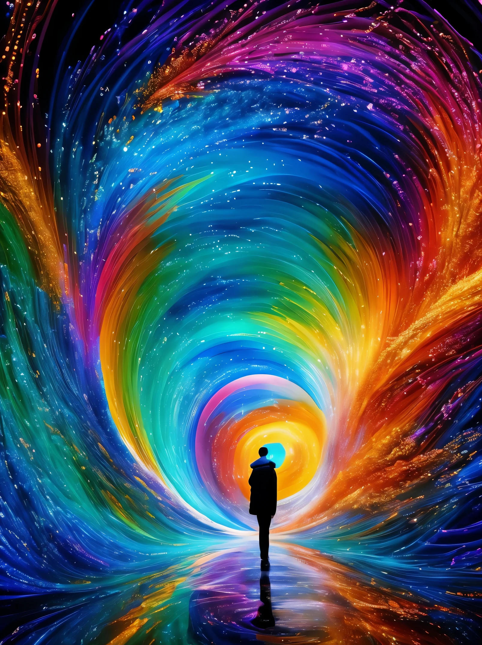 A person stands in front of a colorful abstract design, 8K Stunning Artwork, 4k highly detailed digital art, mind-bending digital art, intricate digital painting, Realistieeple, elaborate digital art, 4k detailed digital art, Digital Art 4K, Digital Art 4K, digital artwork 4k, intricate 3 d illustration, digital art 8k