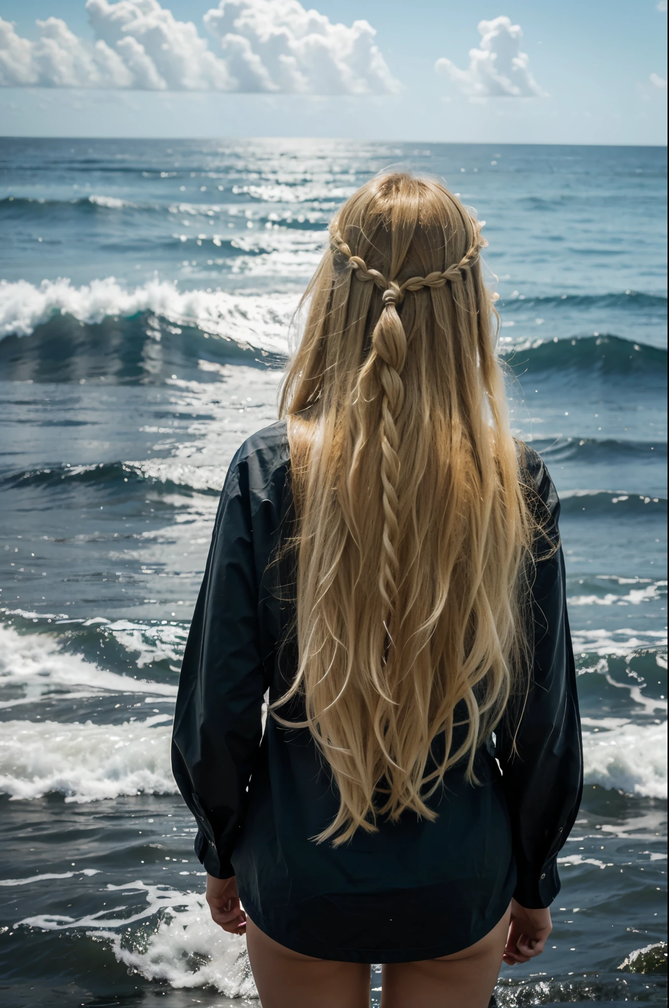 A blonde girl standing in front of wildly feral unknown ocean , her long hair is pushing to the back by wind
