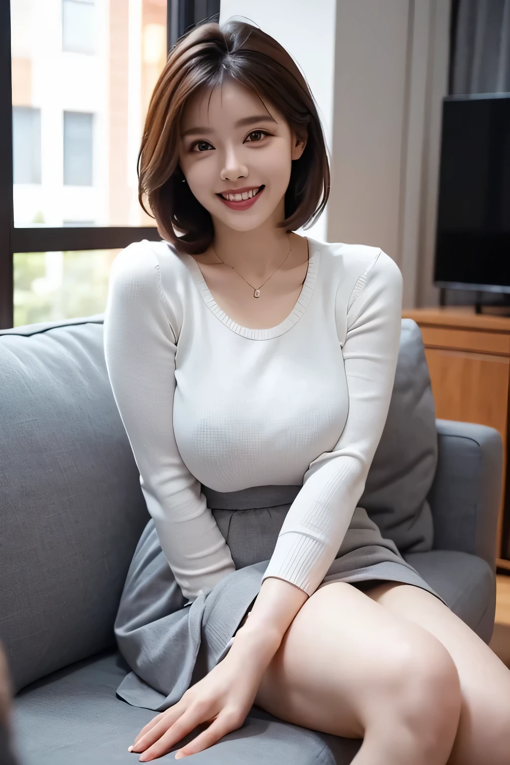 (1 Ultimate Beautiful Mature Woman), hyperdetailed face, Detailed lips, A detailed eye, 二重まぶた, Brunette Bob Hair, (grin), ((Beautiful teeth)), large full breasts, (Thighs Thighs Thighs), (brown loose knit sweater and gray skirt)), Perfect fit, perfect bodies, face perfect, depth of fields, Perfect image realism, Background with:((Relax in the living room))、詳細なBackground with, detailed costume, Perfect litthing、Hyper-Realism、Photorealsitic、8K maximum resolution, (​masterpiece), ighly detailed, Professional