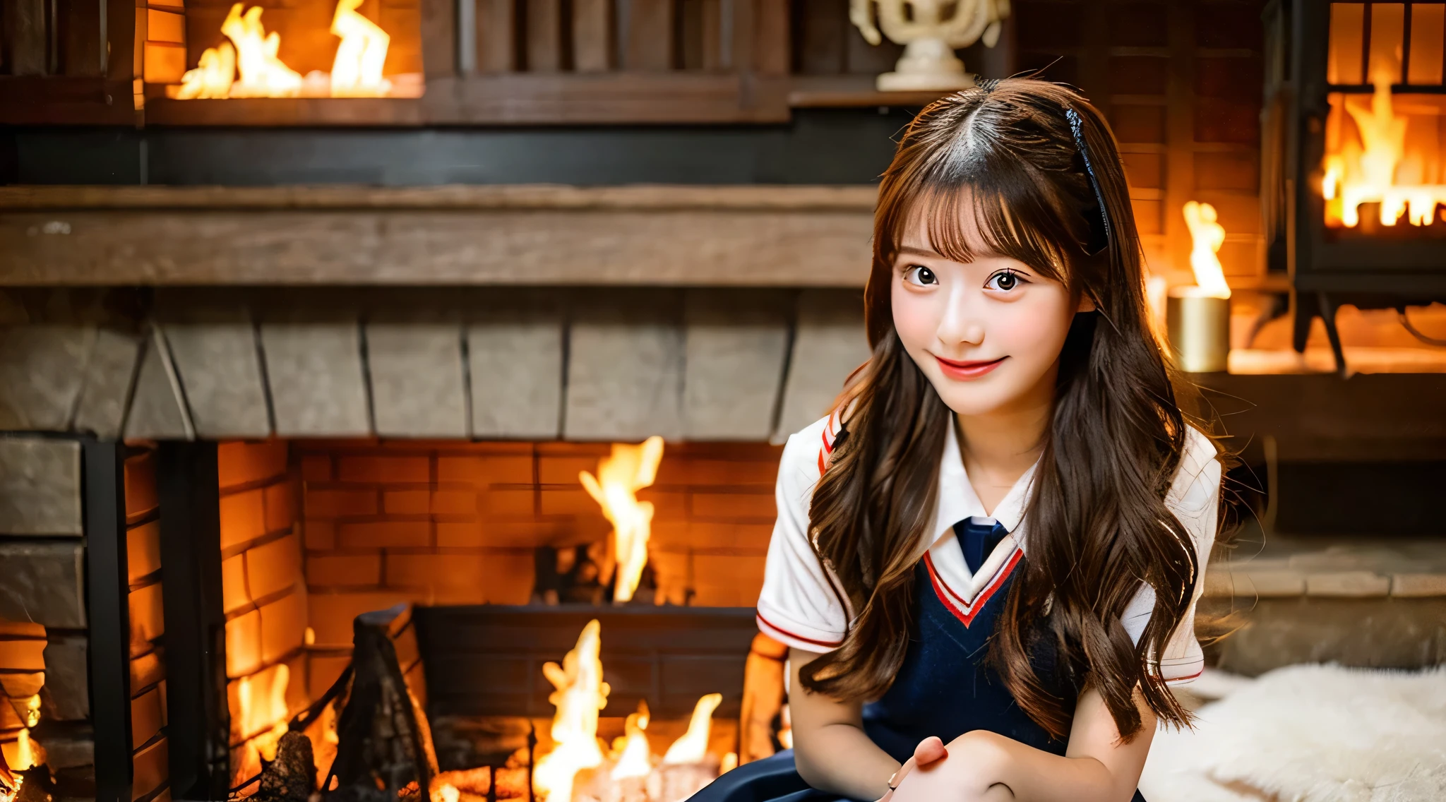 18 year old cute miniskirt high school girl、the fire in the fireplace is burning