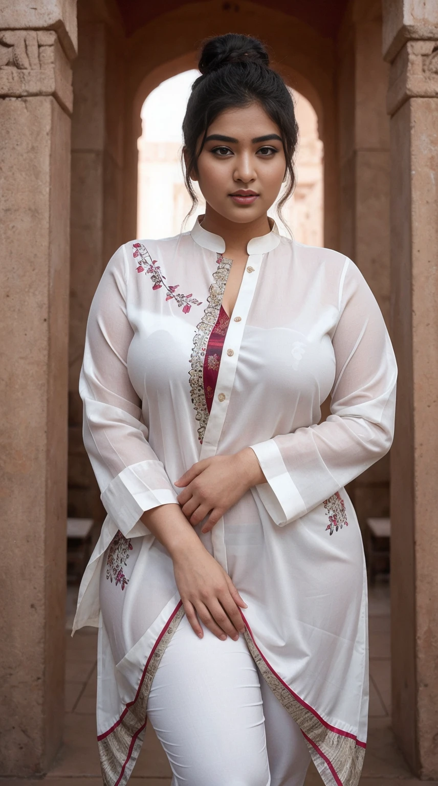Day scene, A radiant, full-figured South Indian 3 aunty a white colour chiffon fully transparent kurta, and leggings, ,standing, in a office captured in a full-body image with vibrant hues and meticulous details. Full body image