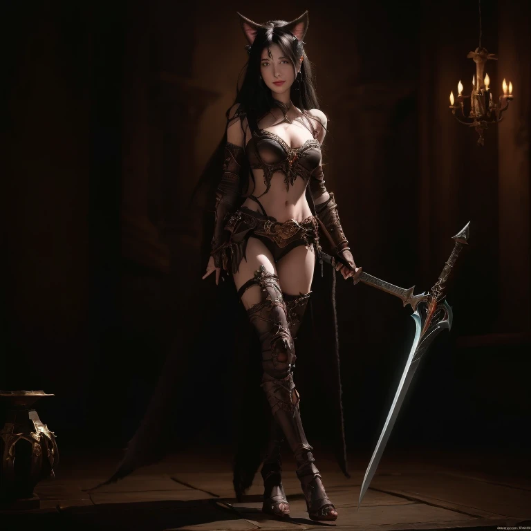 realistic, masterpiece, movieposter, beautiful face, big breast, pale skin, arafed female warrior with a sword and armor in a dark room, diablo 4 lilith, diablo 4 queen, female necromancer, diablo 4, necromancer sorceress, diablo digital concept art, demon armor, diablo concept art, portrait of a female necromancer, demon necromancer, black hair, hair bobbles, wince, longeyelashes, solid circle eyes, fake animal ears, light smile, ear blush, fang, makeup, naughty face, Surrealism, drop shadow, anaglyph, stereogram, tachi-e, pov, atmospheric perspective, cinematic lighting, film grain, drop shadow, Hyperrealism, 8k, super detail, ccurate, best quality, masterpiece, anatomically correct, super detail, award winning