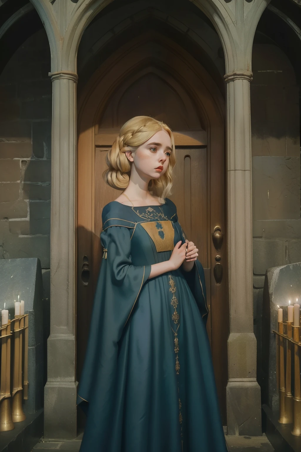 1154, Kingsbridge, England. Otherworldly scene in a medieval cementery, ((((24-year-old)) Mckenna Grace)), in a funeral, ((sad expression)), ((((gown from the 12th century)))), ((dark blonde Hairstyle of the 12th century)), ((Wes Anderson cinematic style)), colorful