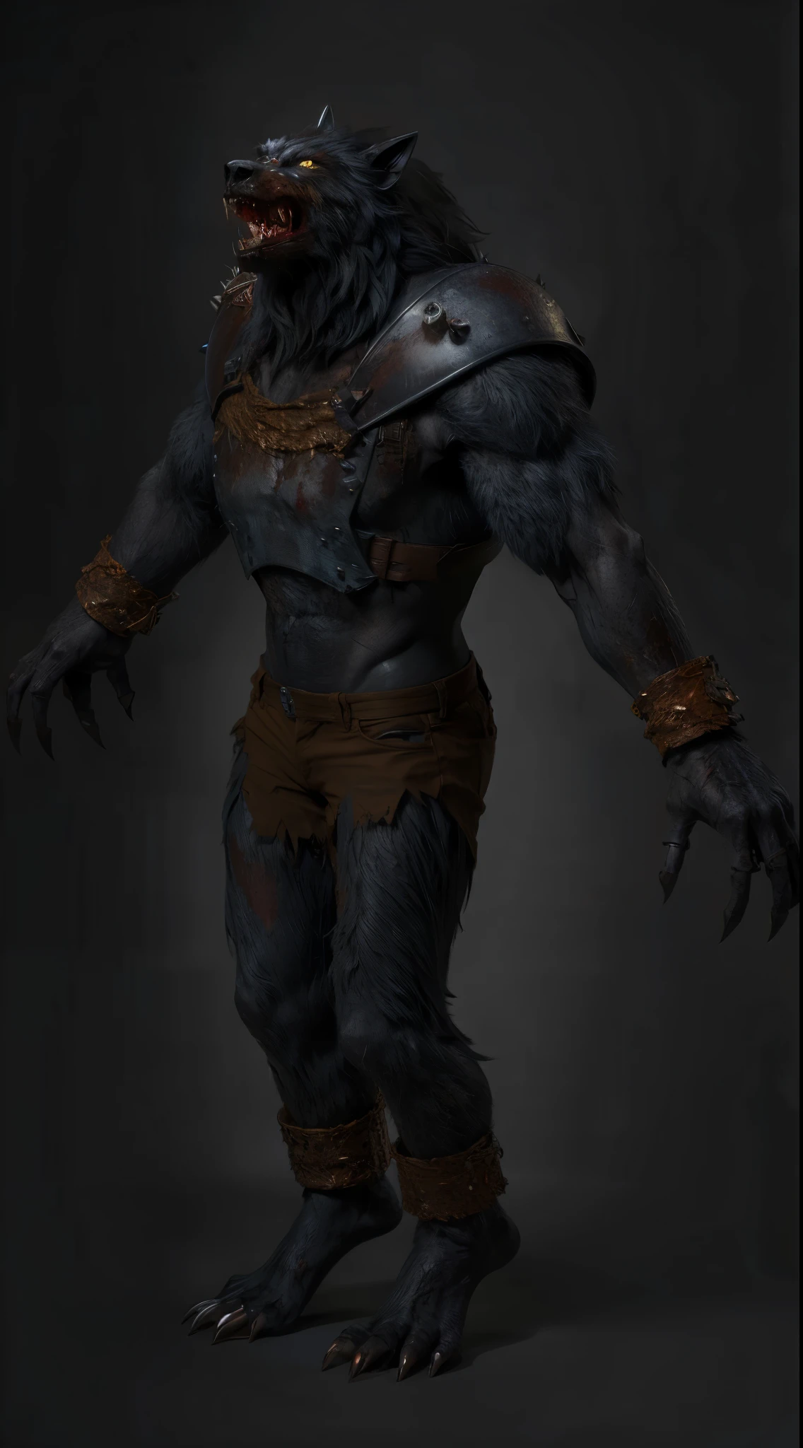 (masterpiece),(best quality:1.0),(ultra high resolution:1.0),monster, werewolf, zombie wolf, zombie , body hairs, chains,chest armor, metal armor, shorts, torn pants, red eyes, menacing look,claws, fangs, wolfteam, 8k wallpaper, full body