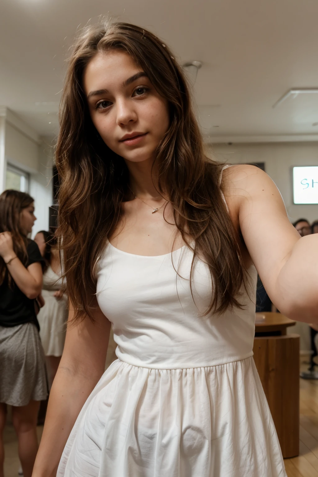 a girl with Brown long hair, in public, selfie, portrait, white dress