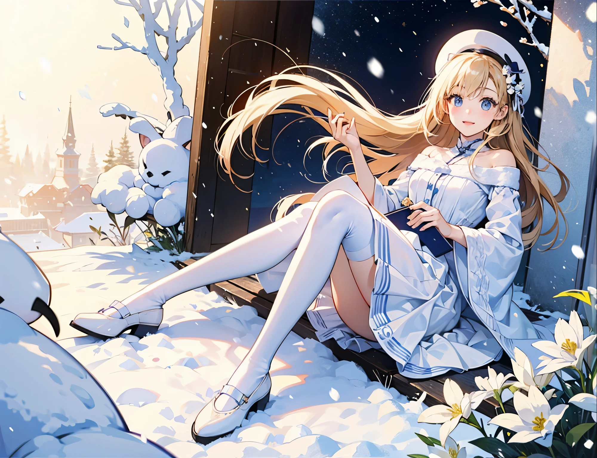 The world of and snow, white flowers, white girls, lively and cute white stockings〈White in red〉 The sun is soft