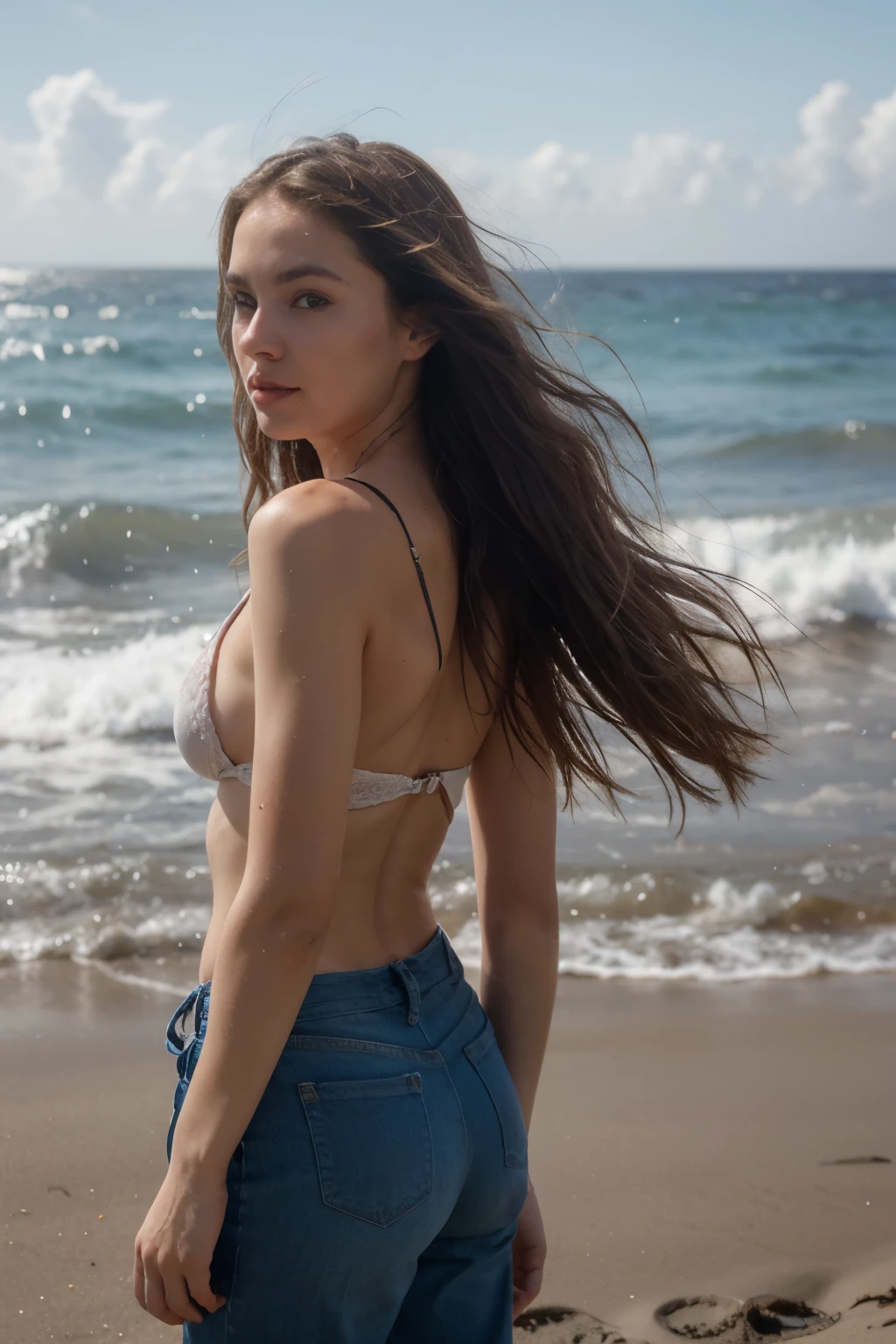 RAW photograph, 18 year old english woman, a goddess, photorealistic, naked, standing on a rock in the ocean, looking forward, perfect facial features, peaceful serene looks, perfect pale glowing skin, small breasts, long dark hair flowing in the wind, blue sky, sunshine, soft focus, dramatic, cinematic,