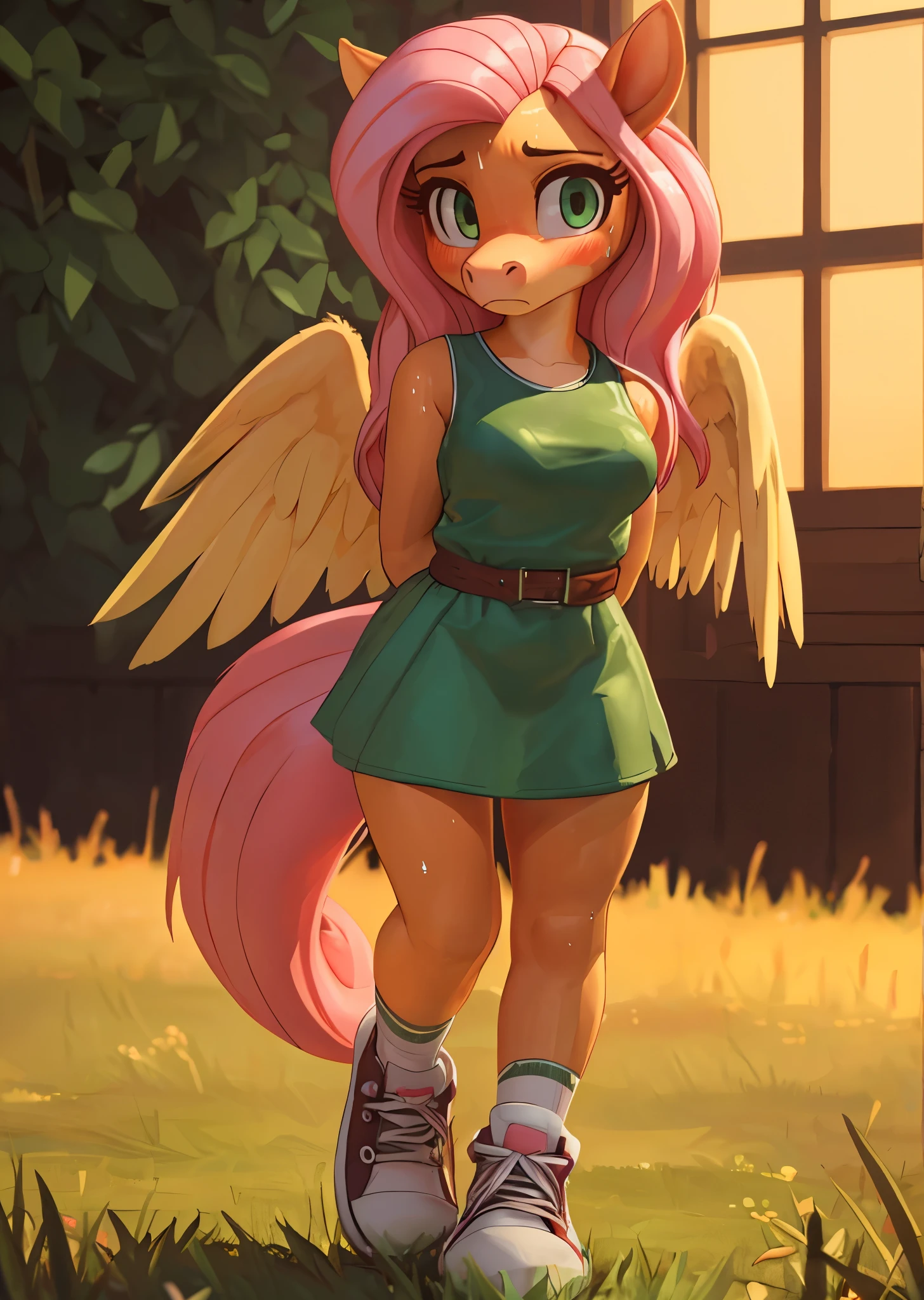 [fluttershy], [Uploaded to e621.net; (Pixelsketcher), (mayosplash), (wamudraws)], [uploaded to twitter.com; (@senip)], ((masterpiece)), ((HD)), ((high res)), ((solo portrait)), ((upper body)), ((front view)), ((feet visible)), ((furry; anthro horse)), ((detailed fur)), ((detailed shading)), ((beautiful render art)), {anthro female; (slim figure), light-yellow fur, horse snout, (two nostrils), (long pink hair), (long pink tail), (light-yellow pegasus wings), (long eyelashes), (cute green eyes), (small boobs), (curvy hips), (beautiful legs), (beautiful feet), (sweat on forehead), (blushing), (nervous expression)}, {(short light-green dress), (upskirt white panties), (green converse sneakers)}, {(standing), (arms behind back), (looking at viewer)}, [background; (grass plains), (window), (yellow sky), (sun rays)]