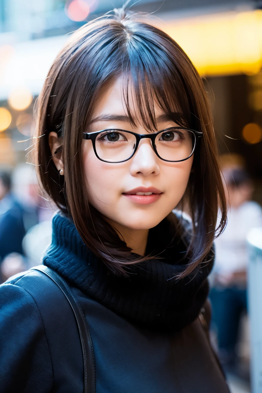 (8K、Raw photography、top-quality、masterpiece:1.2)、(realisitic、Photorealsitic:1.37)、ultra-detailliert、超A high resolution、女の子1人、see the beholder、beautifull detailed face、A smile、Constriction、(Slim waist) :1.3)、Beautiful detailed skin、Warm clothes for winter、Skin Texture、Floating hair、Office district on a winter morning、Black square glasses 、Whole human body、Black hair、