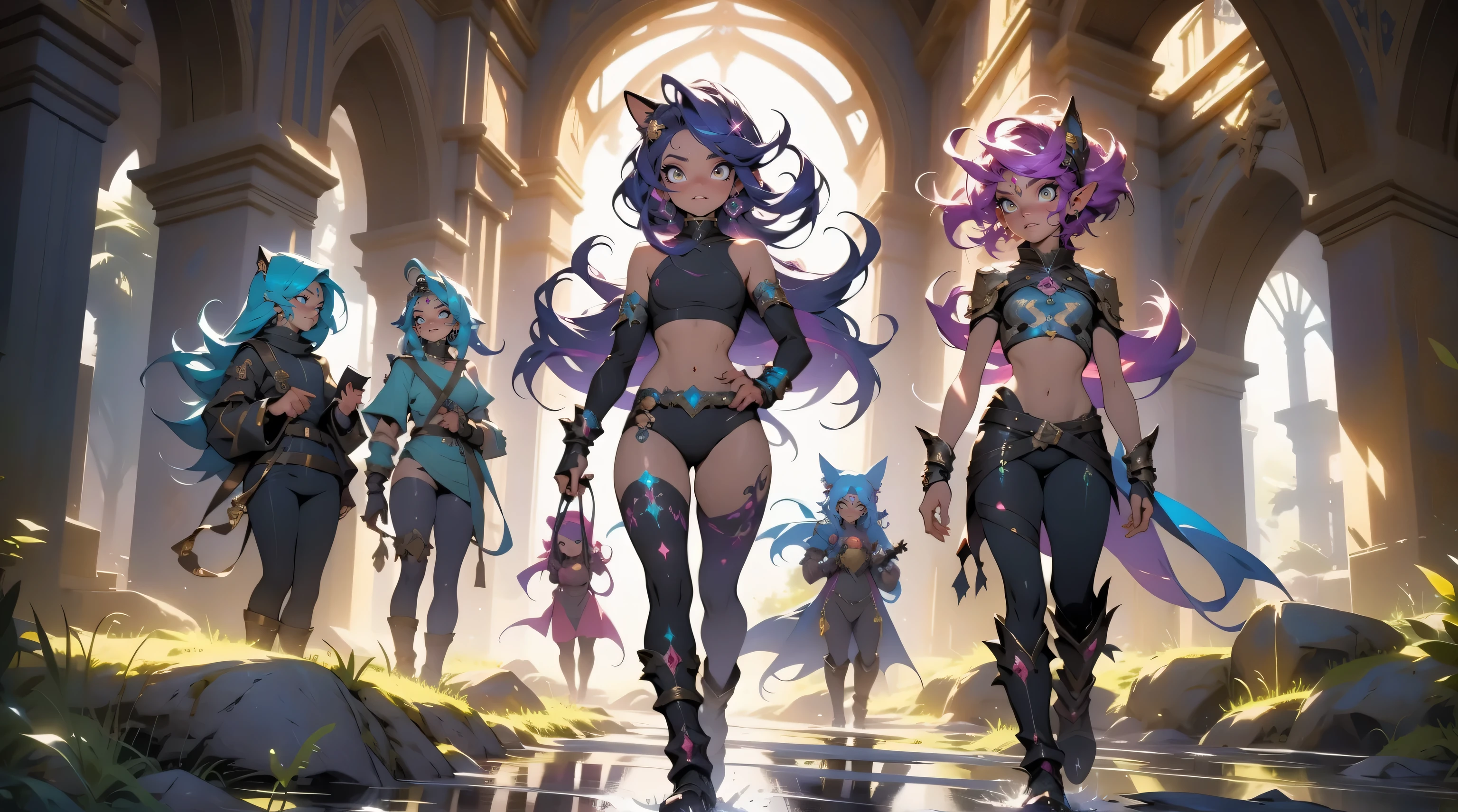 arvore estilo rayman legends, character estilo art rayman legends, girl and boy, corpo inteiro, ESTILO VIKING, acessórios gigantes,giant monster, big breats,Little bunny, (shorts),big breast