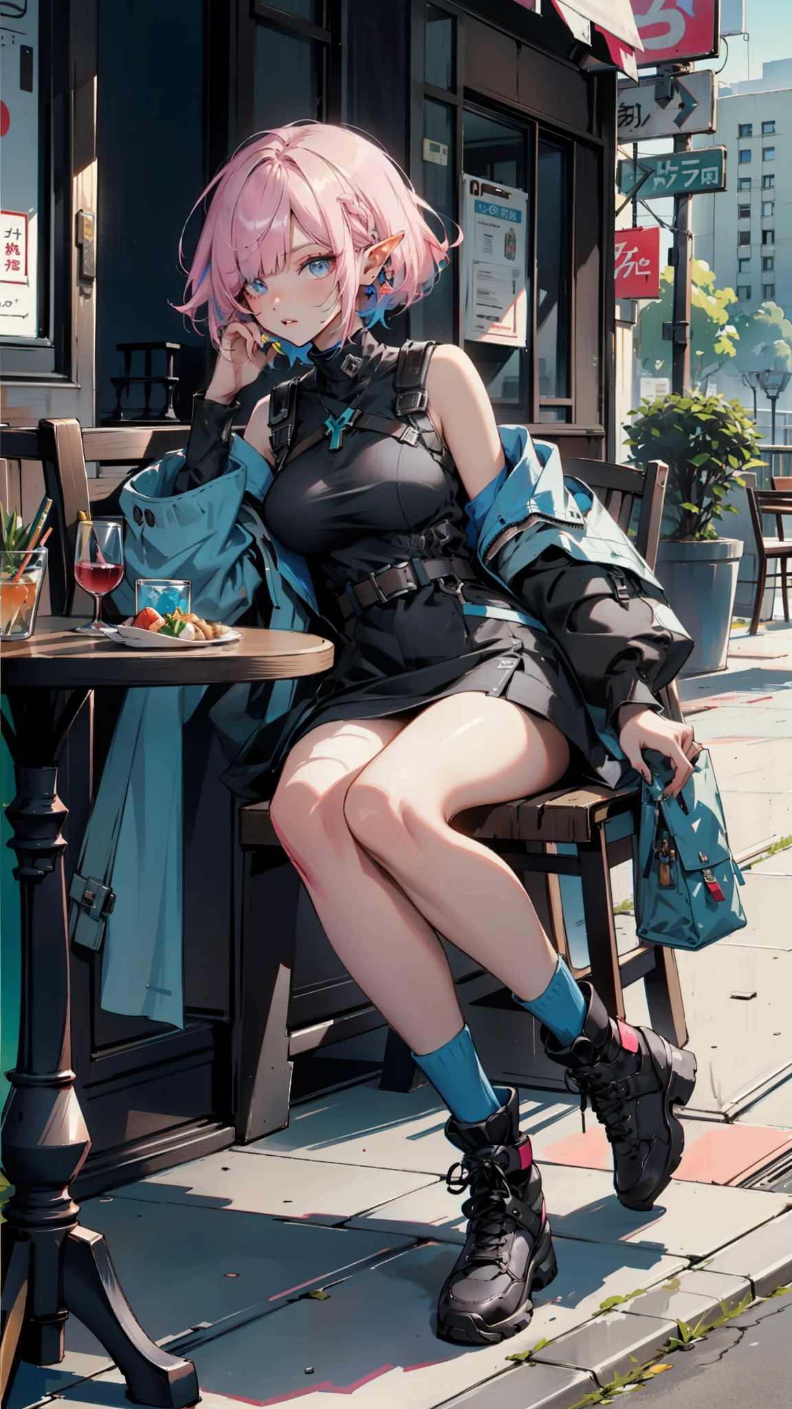 ((masterpiece, best quality)), official art, unity 8k wallpaper, ultra detailed, an elf woman, she's sitting at a restaurant table at the sidewalk, eating lunch,  BREAK, highly detailed of (elf), (1girl), perfect face, details eye, Bob cut hair, Blunt bangs, (hair over one eye), light pink hair, blue eyes, eyelashes, eyeshadow, pink eyeshadow, Big breast, nice body, concept art by Artgerm, by Kawacy, By Yoshitaka Amano, BREAK,  techwear streetwear look and clothes, we can see them from feet to head, highly detailed and intricate, techwear fashion, White boots,  BREAK,  plate, soda glass, she's looking away, scenery, urban scenery, cars, detailed scenery, beautiful background, (depth of field:1.3), (blurry background:1.2), shiny skin, high noon lighting, vivid colors, side view, BREAK, extremely detailed, Dutch angle,