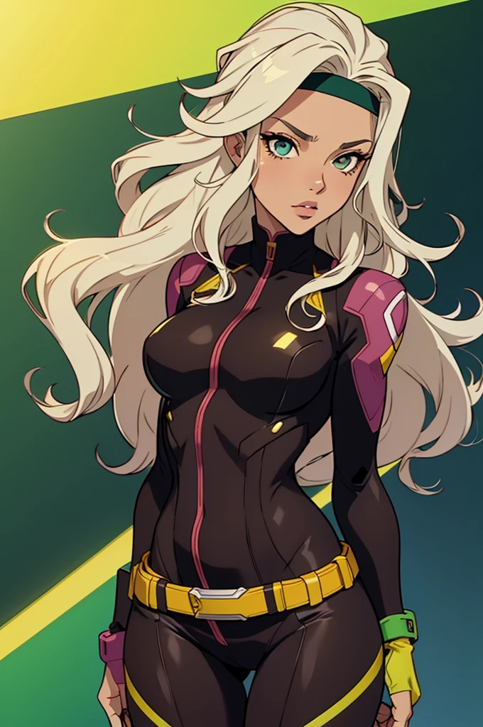 ClassicRogue, rogue, vanpira, xmen ,Cartoon_x_enquanto_Velhaco,ownwaifu, long Hair,seios,brown Hair,olhos verdes,lipstick,maquiagem,lips,white Hair,two-tone Hair,headband,wavy Hair,large seios,messy Hair,curly Hair,Big_Hair, yellow Bodysuit,suit jacket,Luvas,belt,yellow Luvas,green Bodysuit,Bodysuit,multicolored Bodysuit,Superheroíne, Pele apertada,roupas multicoloridas, 1girl, sozinho, Olhando para o Viewer,Em linha reta, parte superior do corpo, Arte Oficial, Altas, scenecy, (master part:1.1), (melhor qualidade,:1.1), (alta qualidade:1.1), (screencap anime:1.2),