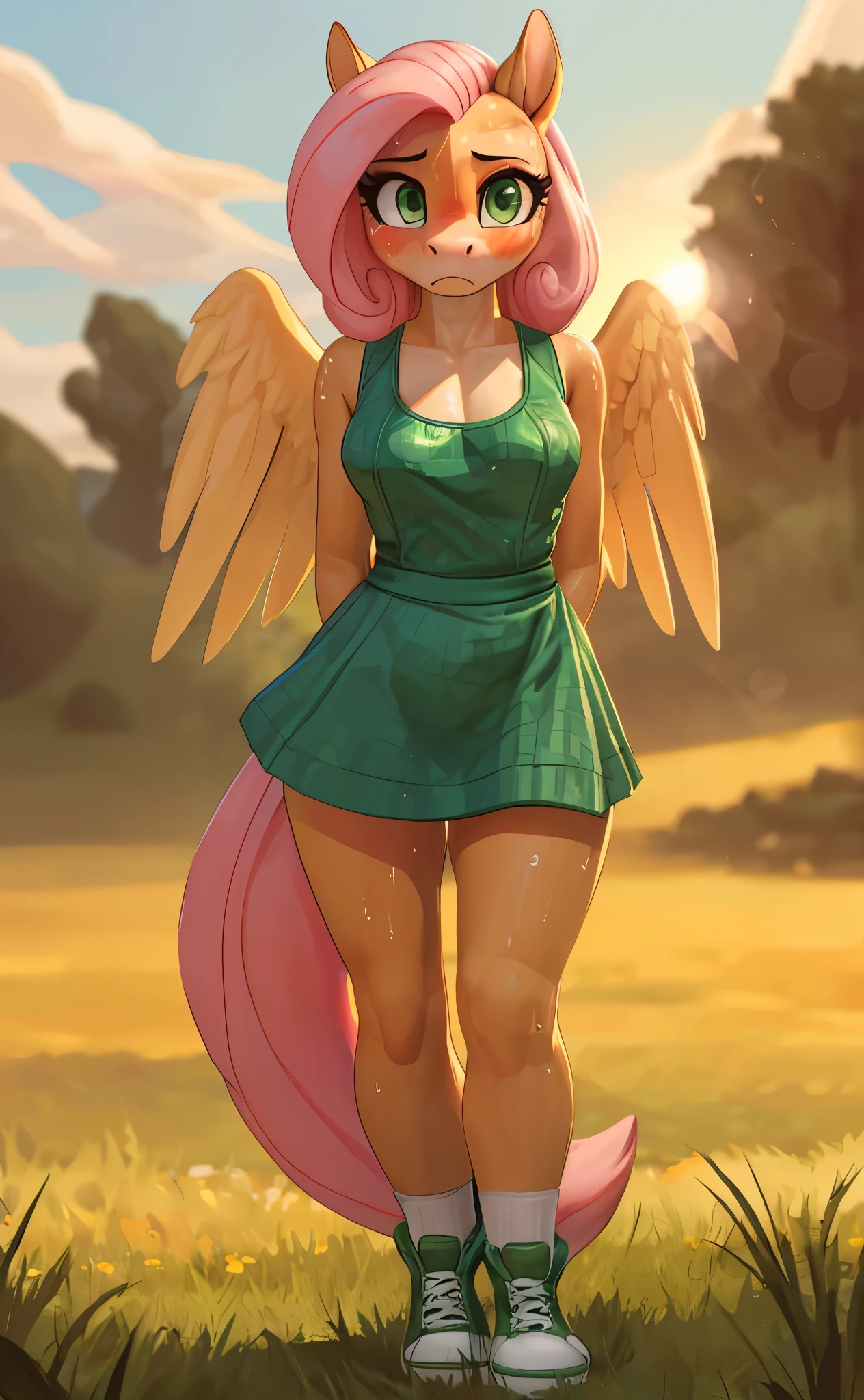 [fluttershy], [Uploaded to e621.net; (Pixelsketcher), (mayosplash), (wamudraws)], [uploaded to twitter.com; (@senip)], ((masterpiece)), ((HD)), ((high res)), ((solo portrait)), ((upper body)), ((front view)), ((feet visible)), ((furry; anthro horse)), ((detailed fur)), ((detailed shading)), ((beautiful render art)), {anthro female; (slim figure), light-yellow fur, horse snout, (two nostrils), (long pink hair), (long pink tail), (light-yellow pegasus wings), (long eyelashes), (cute green eyes), (small boobs), (curvy hips), (beautiful legs), (beautiful feet), (sweat on forehead), (blushing), (nervous expression)}, {(short light-green dress), (upskirt white panties), (green converse sneakers)}, {(standing), (arms behind back), (looking at viewer)}, [background; (grass plains), (window), (yellow sky), (sun rays)]