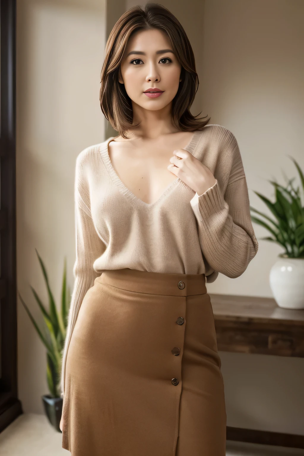 8k, highest quality, masterpiece, Realistic, Realistic, Very detailed, Natural light, Shapely breasts, Her cleavage is visible, 1 person, 25-year-old woman, Black Hair, (Straight hair), (short hair), (Bob Hair), Yellow sunglasses, ((Look at the viewers)), (White V-neck see-through knit shirt), (Orange tight skirt), Very detailedな顔と肌, fine grain, Very detailedな顔と肌