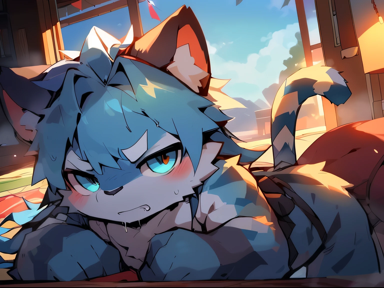 A man with a white tiger, a sky-blue striped tiger pattern, a long tiger tail, a yellow left eye, a sky-blue right eye, blue eyebrows, sky-blue hair, long hair, eyes closed,white,naked,tatami room background,serious expression,South Korea,penis,serious expression,drooling,Precom,Stroking,Sweating,shyness,doggy style