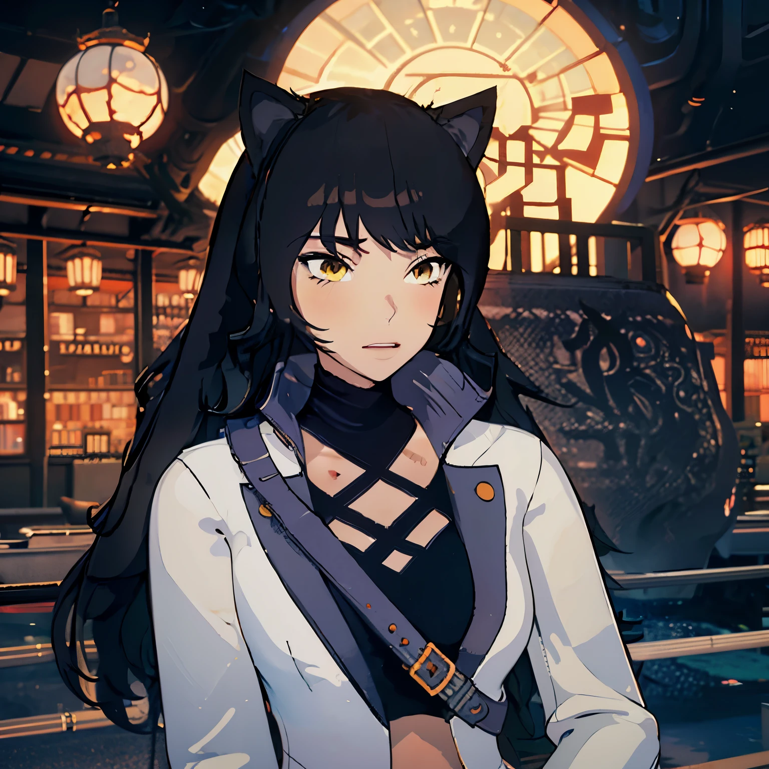 Blake_RWBY, 1girl, solo, black hair, long hair, cat ears, animal ears, yellow eyes, belt, midriff, pants, jacket,