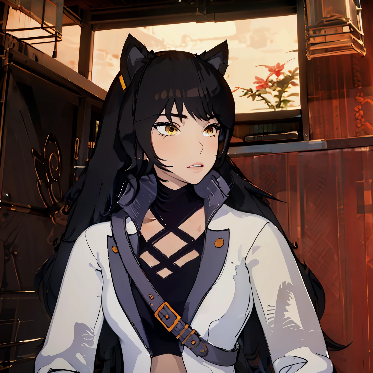 Blake_RWBY, 1girl, solo, black hair, long hair, cat ears, animal ears, yellow eyes, belt, midriff, pants, jacket,