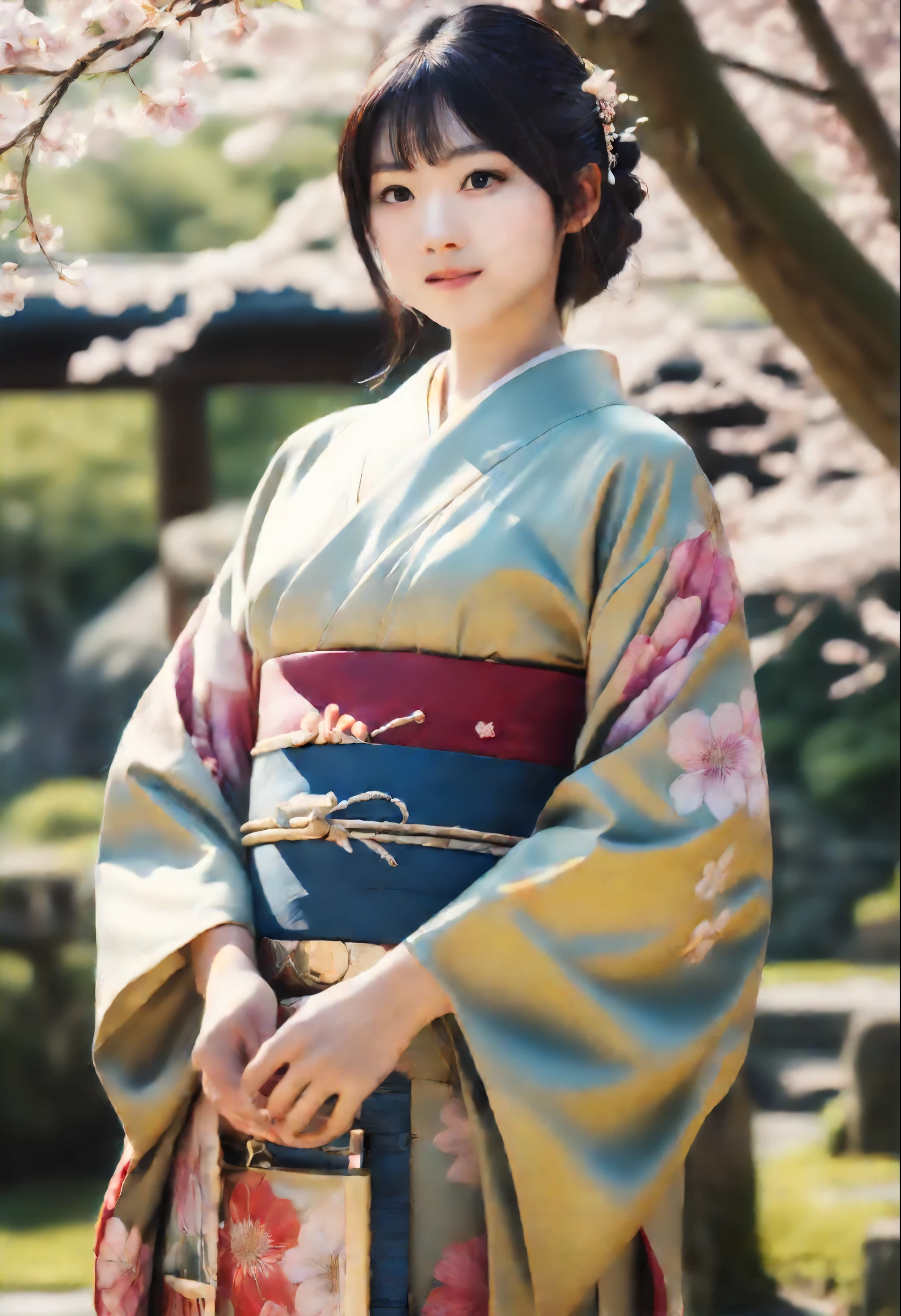 (best quality,ultra-detailed,realistic:1.37),traditional Japanese painting, vivid colors, natural lighting, cherry blossoms, serene atmosphere, beautiful detailed eyes and face, kimono, samurai armor, katana, Calligraphy, lush greenery, peaceful setting, delicate brushstrokes