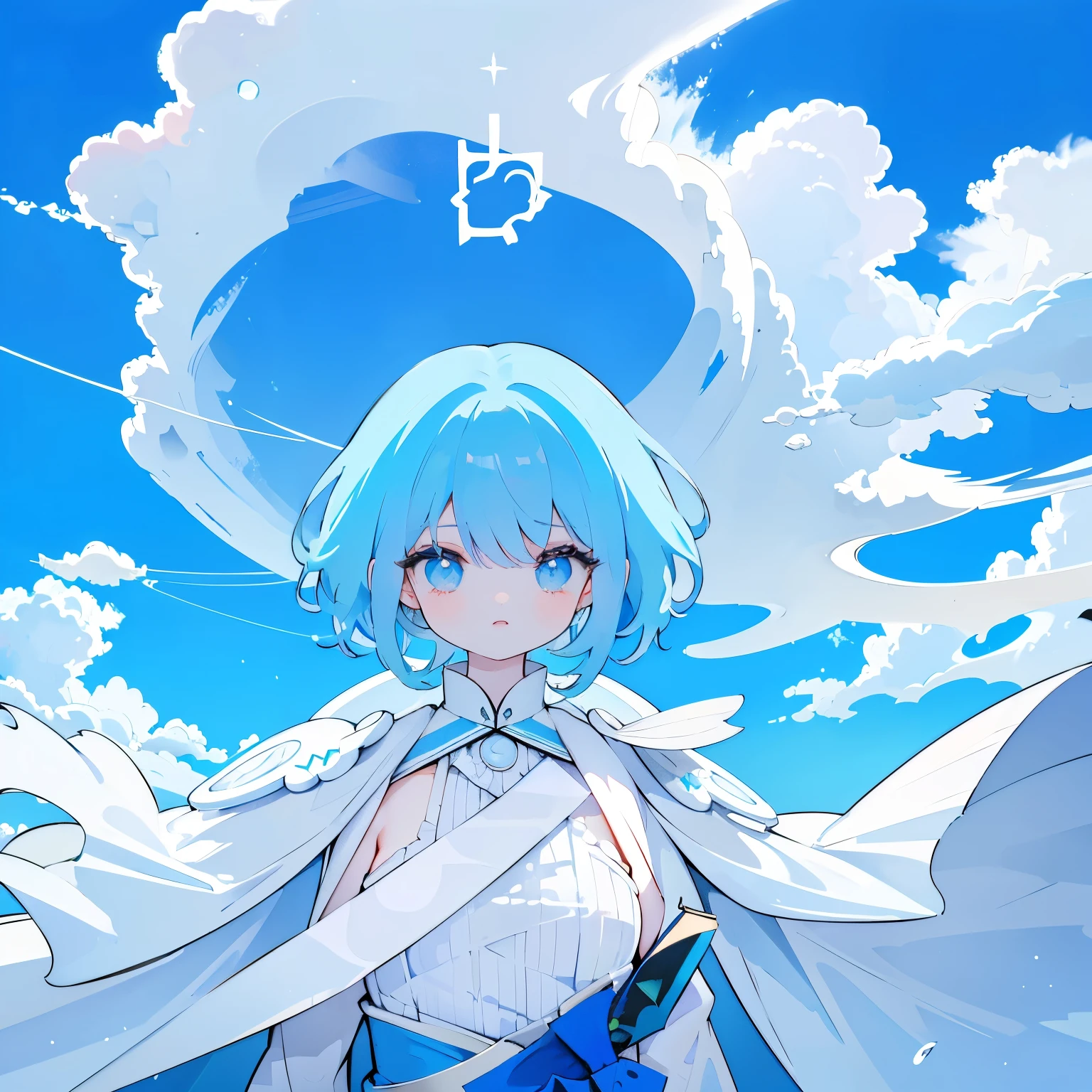 blue hair, white robes, blue sky background, небо с cloudsми, clouds,
 Upper torso, lolita