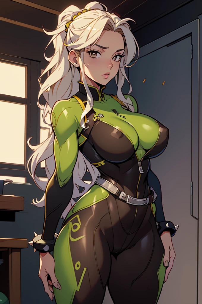 ClassicRogue, rogue, vanpira, xmen ,Cartoon_x_enquanto_Velhaco,ownwaifu, long Hair,seios,brown Hair,olhos verdes,lipstick,maquiagem,lips,white Hair,two-tone Hair,headband,wavy Hair,large seios,messy Hair,curly Hair,Big_Hair, yellow Bodysuit,suit jacket,Luvas,belt,yellow Luvas,green Bodysuit,Bodysuit,multicolored Bodysuit,Superheroíne, Pele apertada,roupas multicoloridas, 1girl, sozinho, Olhando para o Viewer,Em linha reta, parte superior do corpo, Arte Oficial, Altas, scenecy, (master part:1.1), (melhor qualidade,:1.1), (alta qualidade:1.1), (screencap anime:1.2),