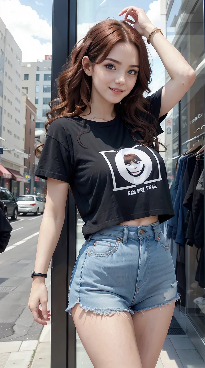 24-year-old Caucasian woman、Hair color is reddish、Hair is wavy、Eye color is blue、Longhaire、A slender、a smile、She is wearing a T-shirt with a logo printed on it that shows her underboob.、My abs are cracked、A slenderだが均整の取れた細マッチョ、I'm wearing pin heels、standing in front of a boutique show window、a smile、Head-on perspective、accessories on the wrist