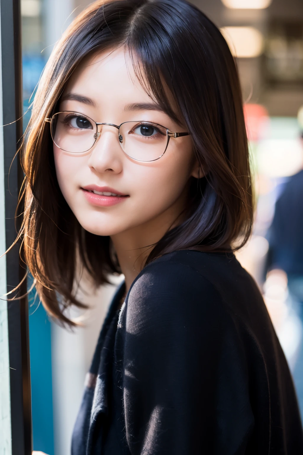 (8K、Raw photography、top-quality、​masterpiece:1.2)、(realisitic、Photorealsitic:1.37)、ultra-detailliert、超A high resolution、女の子1人、see the beholder、beautifull detailed face、A smile、Constriction、(Slim waist) :1.3)、Beautiful detailed skin、Warm clothes for winter、Skin Texture、Floating hair、Office district on a winter morning、Black square glasses  、Whole human body、Black hair、
