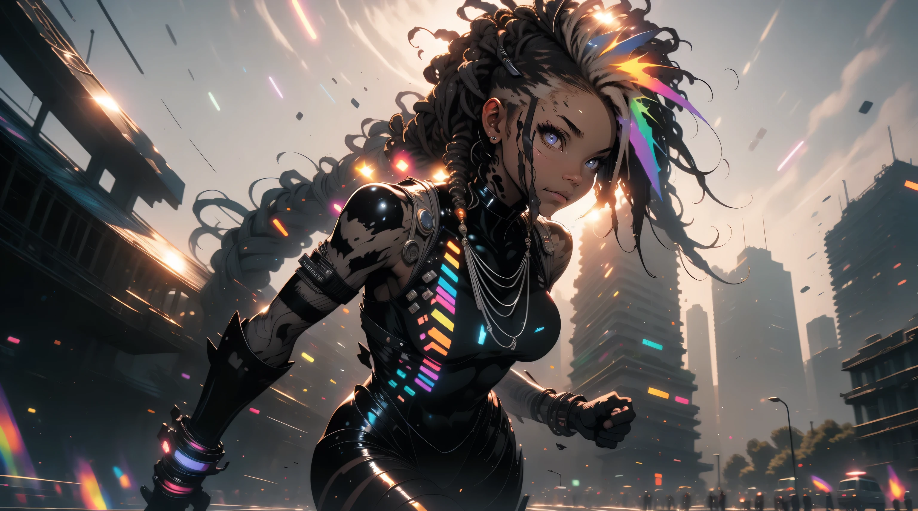 ((Best quality)), ((masterpiece)), (detailed: 1.4), (Absurd), Zulu warrior, zebra, African bracelets and necklaces, black skin, cybernetic hands, Clothing with zebra skin camouflage, explosion of colors, cosmic tattoo, nebulous, sculptural body defined muscle, whole body, half thick naked thighs, closed mouth, body covered by technological clothing, Neon Genesis Evangelion style, cyberpunk, generous neckline, ((perfect medium breasts)), (super light brown eyes), ((clothing with zebra skin camouflage)), (((black and white hair with dreadlocks)))), long and black eyelashes heavy makeup, various African jewelry, bare legs, by mucha, niji --V5, close to real, psychopath, crazy face, sexy pose, fractal background, 2 piece clothing, pastel, centered, scale to fit the dimensions, HDR (High Dynamic Range), Ray Tracing,NVIDIA RTX,Super-Resolution,Unreal 5,Subsurface Dispersion, PBR Texture, Post-processing, Anisotropic Filtering, Depth of Field, Maximum Clarity and Sharpness, Multilayer Textures, Albedo and Specular Maps, Surface Shading, Accurate Simulation of Light-Material Interaction, Perfect Proportions, Octane Render, Two-Tone Lighting, Wide Aperture, Low ISO, White Balance, Rule of Thirds, 8K RAW, Crysisnanosuit