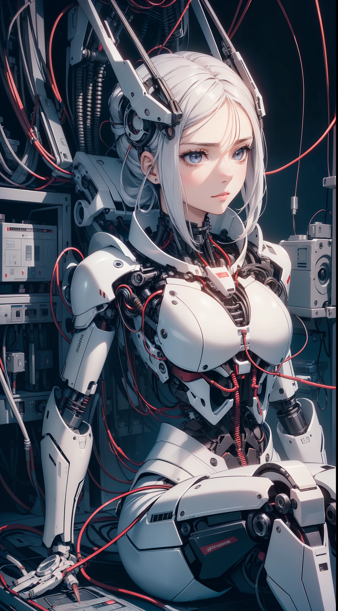 (((tmasterpiece))), ((((Best quality at best)))), (((ultra - detailed))), (CG illustration), ((Extremely Delicately Beautiful)),(Cute and delicate face),电影灯光,((1 mechanical girl)),Alone,Full body lesbian,(Machine joints:1.4),((Mechanical limb)),(The blood vessels are attached to the tube),((Mechanical vertebrae attach to the back)), ((Mechanical cervical vertebrae attached to the neck)),((Sit Pose)),face expressionless,(wires and cables attached to head and body:1.5),(Character focus),sci-fy,looking at the camera in,black color hair,Black and white style,Blue machinery