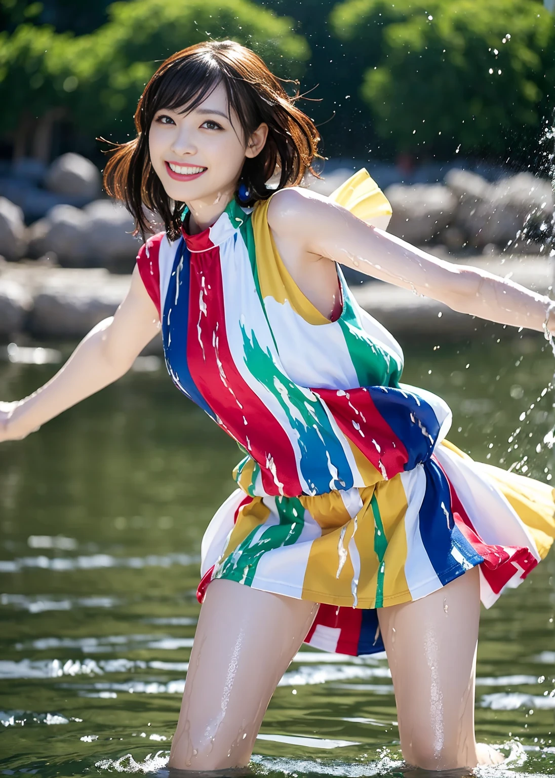 masutepiece, Best Quality, (Dynamic Pose:1.3), absurderes, 1girl in,short dress、 Fighting Pose, Punch Water, (Attack with water:1.5) Wet clothes, wet , a smile, Splattering water, multicolored , (Wind:1.4)