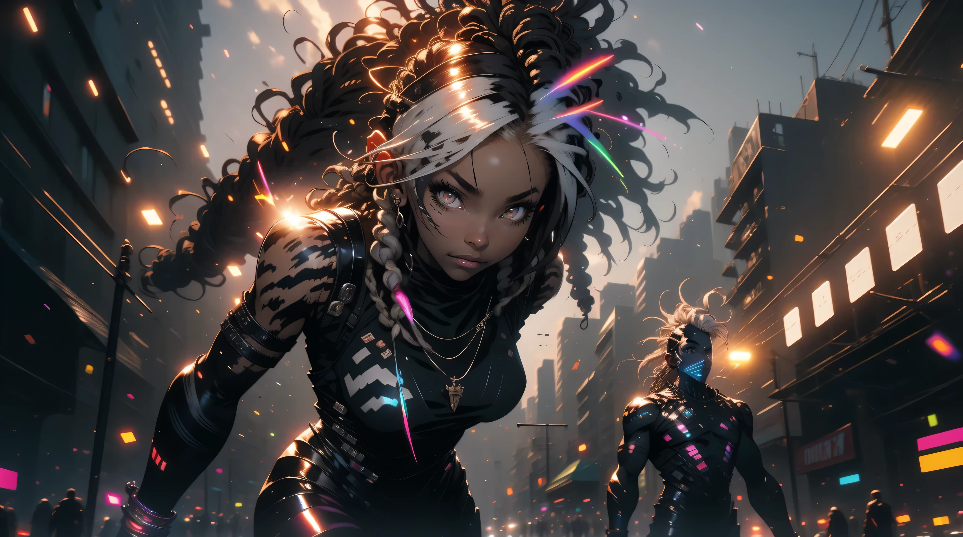 ((Best quality)), ((masterpiece)), (detailed: 1.4), (Absurd), Zulu warrior, zebra, African bracelets and necklaces, black skin, cybernetic hands, Clothing with zebra skin camouflage, explosion of colors, cosmic tattoo, nebulous, sculptural body defined muscle, whole body, half thick naked thighs, closed mouth, body covered by technological clothing, Neon Genesis Evangelion style, cyberpunk, generous neckline, ((perfect medium breasts)), (super light brown eyes), ((clothing with zebra skin camouflage)), (((black and white hair with dreadlocks)))), long and black eyelashes heavy makeup, various African jewelry, bare legs, by mucha, niji --V5, close to real, psychopath, crazy face, sexy pose, fractal background, 2 piece clothing, pastel, centered, scale to fit the dimensions, HDR (High Dynamic Range), Ray Tracing,NVIDIA RTX,Super-Resolution,Unreal 5,Subsurface Dispersion, PBR Texture, Post-processing, Anisotropic Filtering, Depth of Field, Maximum Clarity and Sharpness, Multilayer Textures, Albedo and Specular Maps, Surface Shading, Accurate Simulation of Light-Material Interaction, Perfect Proportions, Octane Render, Two-Tone Lighting, Wide Aperture, Low ISO, White Balance, Rule of Thirds, 8K RAW, Crysisnanosuit