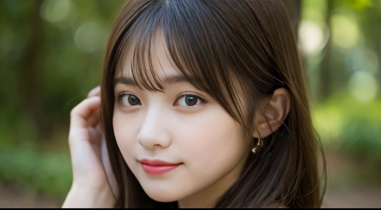 masutepiece, Best Quality, Illustration, Ultra-detailed, finely detail, hight resolution, 8K Wallpaper, Perfect dynamic composition, Beautiful detailed eyes, she is wearing a black long sleeve knit,Medium Hair,Natural Color Lip,Smile,Harajuku、20 years girl、Bust up angle looking at camera、Arms behind your back、hands are never visible、C Cup、Brown hair、cacique#39;s face、Blurred forest background