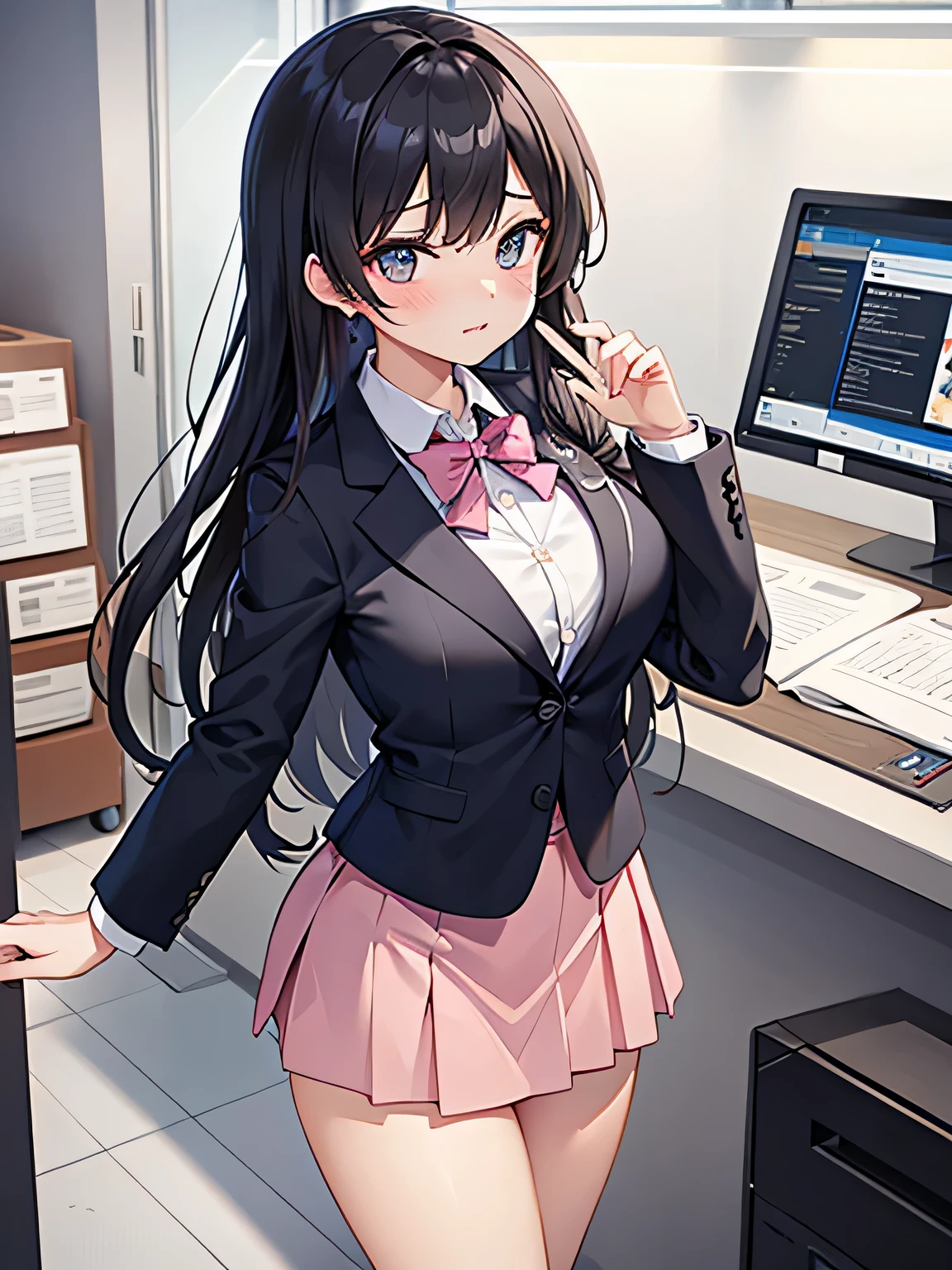 1,There's a woman behind the counter、There's a man in front of me.
2,the woman is the receptionist, She is wearing a pink blazer and a pink skirt., An unfriendly person who hates men.
3,The man is an employee of this company、I'm asking the receptionist to come with me.。.
4,The location is the company's large reception counter., The company logo is written in large letters on the back wall..