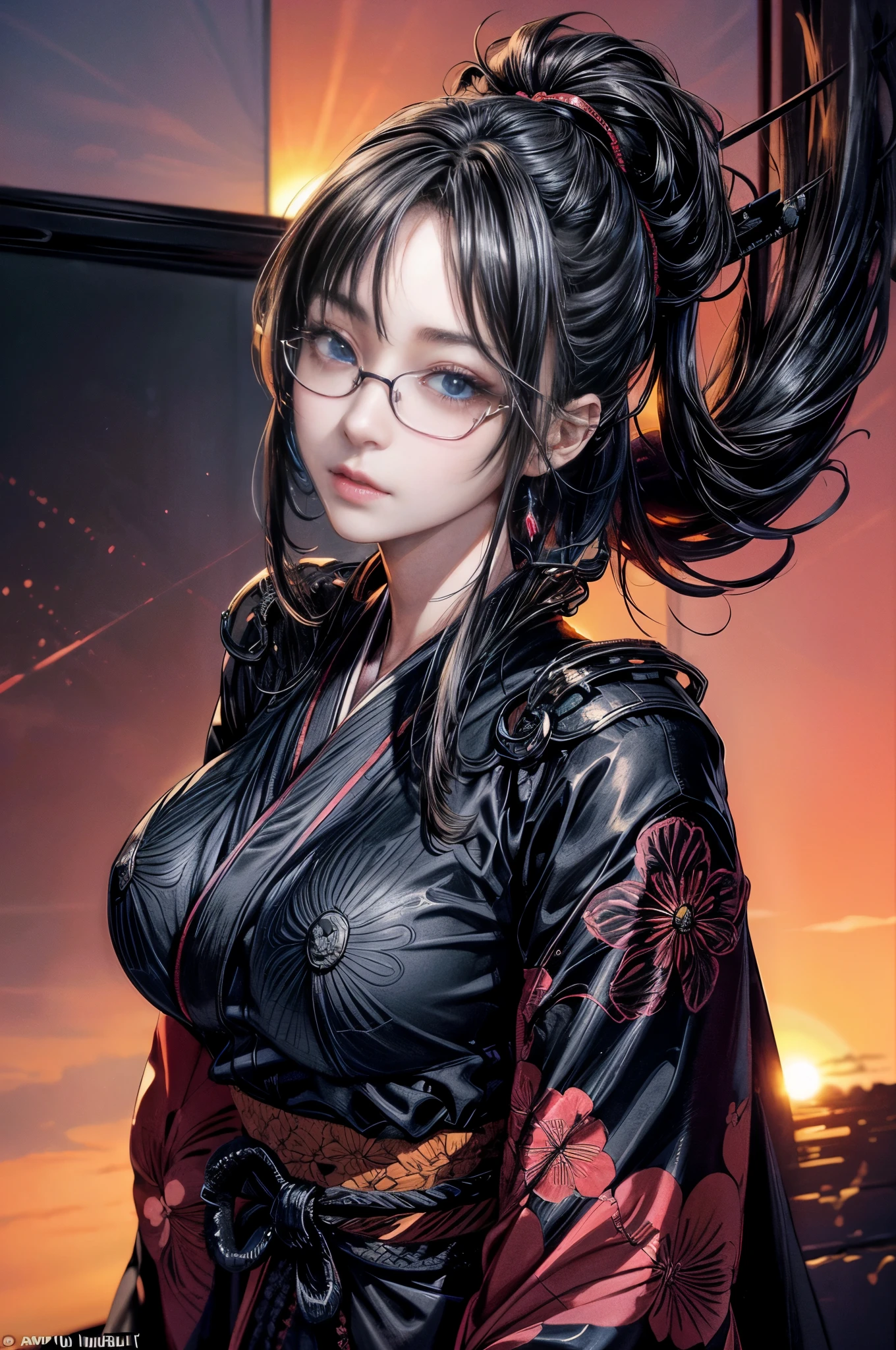 Cinematic lighting、16k picture quality、highlydetailed skin、masutepiece,1girl in, Solo、Best Quality,cyberpunked,(1beautiful woman、Detailed beautiful facial features:1.3)(Hairstyles that go well with black colored kimonoancy glasses:1.3)(well-shaped breasts:1.3)Blue eyes that are about to leak, Beautiful glossy Japanese black kimono、Japanese flashy black kimono beauty、KIMONO、（A slight smil、Turn around:1.3）first sunrise in japan（Watch the first sunrise of the year at a fantastic location in Japan:1.2）（rays of sunshine、sea of clouds:1.2）（have a prize、New year feeling）