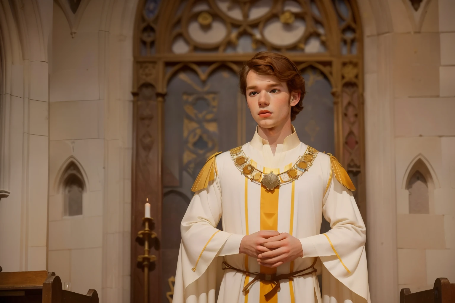1154, Kingsbridge, England. Otherworldly scene in a medieval incomplete cathedral, close-up of ((((30-year-old)) Cameron Monaghan)), groom waiting, ((loving expression)), ((((tunic from the 12th century)))), ((Hairstyle of the 12th century)), ((Wes Anderson cinematic style)), colorful