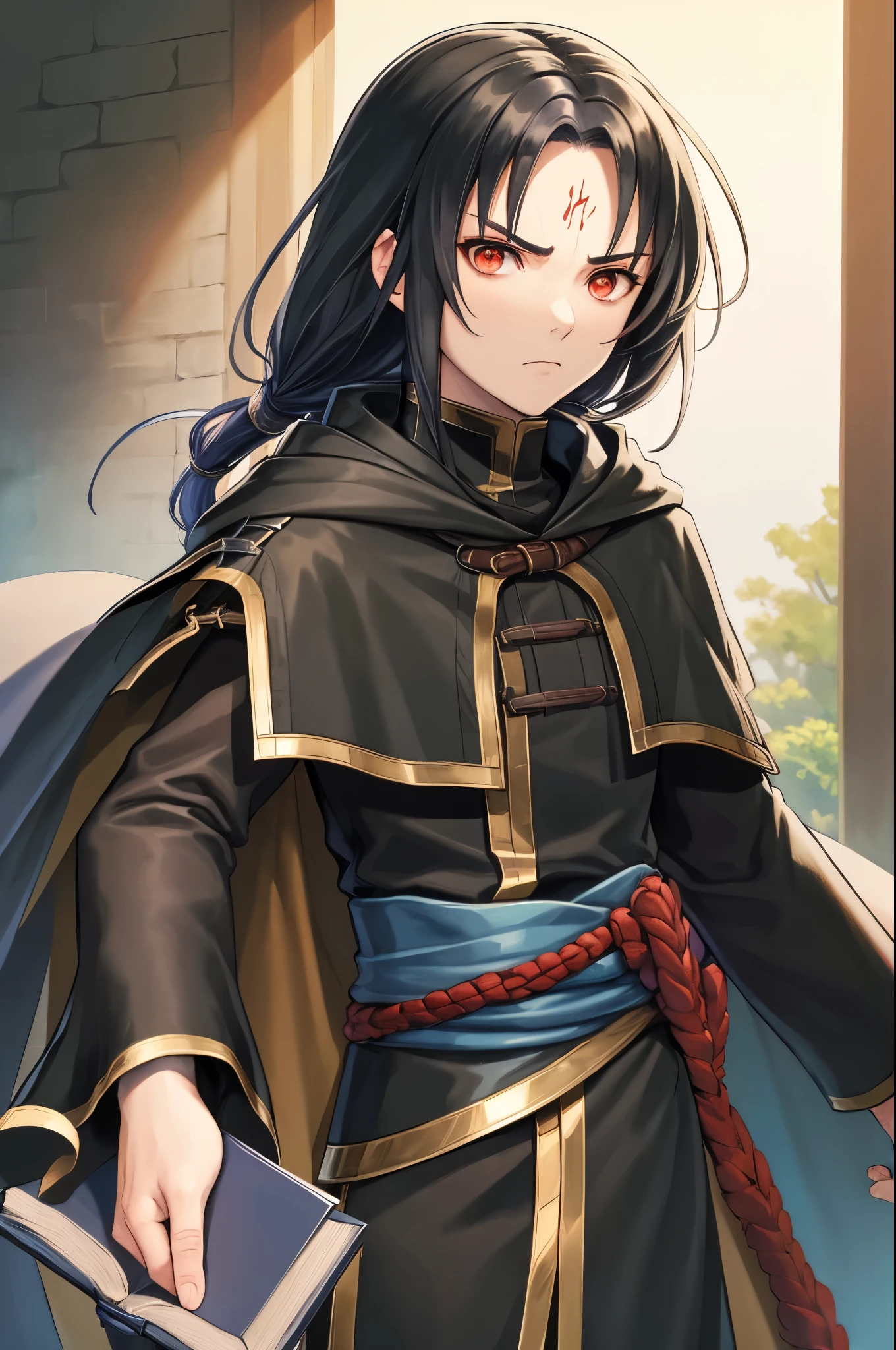 masterpiece, best quality, defsoren, black cape, black robe, sash, upper body, furrowed brow, serious, holding book, forest, looking at viewer
