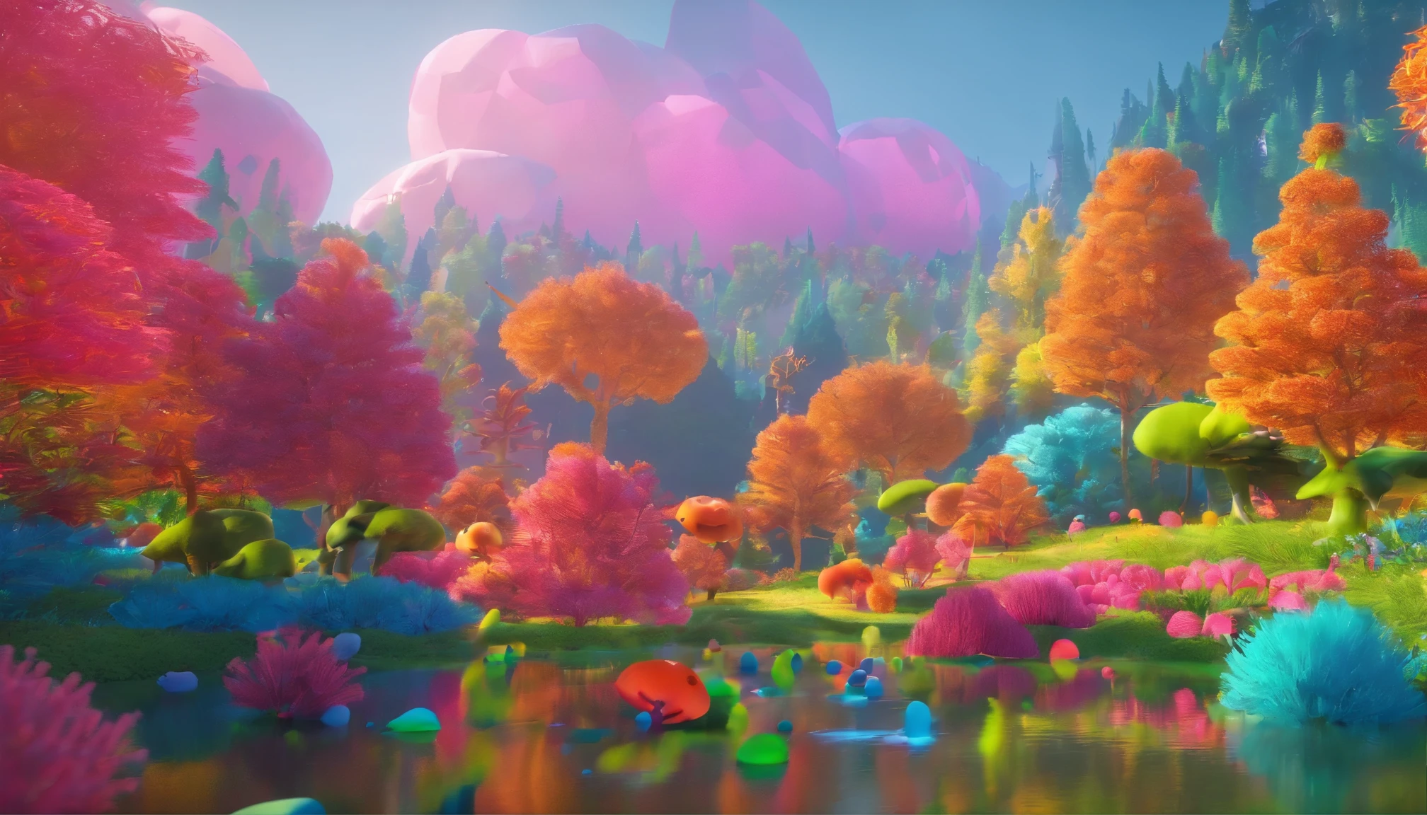 High Quality，8K，Mysterious forests ：1.5，There are many creatures in the air.，Various prehistoric plants，The colors are bright and rich.，Various shiny creatures，Yayoi Kusama，Dreamy，Dreamlike scenery，rich colors，colorful colorful