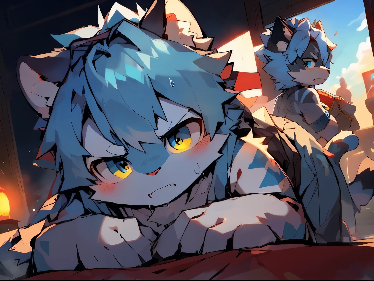 A man with a white tiger, a sky-blue striped tiger pattern, a long tiger tail, a yellow left eye, a sky-blue right eye, blue eyebrows, sky-blue hair, long hair, eyes closed,white,naked,tatami room background,serious expression,South Korea,penis,serious expression,drooling,Precom,Stroking,Sweating,shyness,doggy style