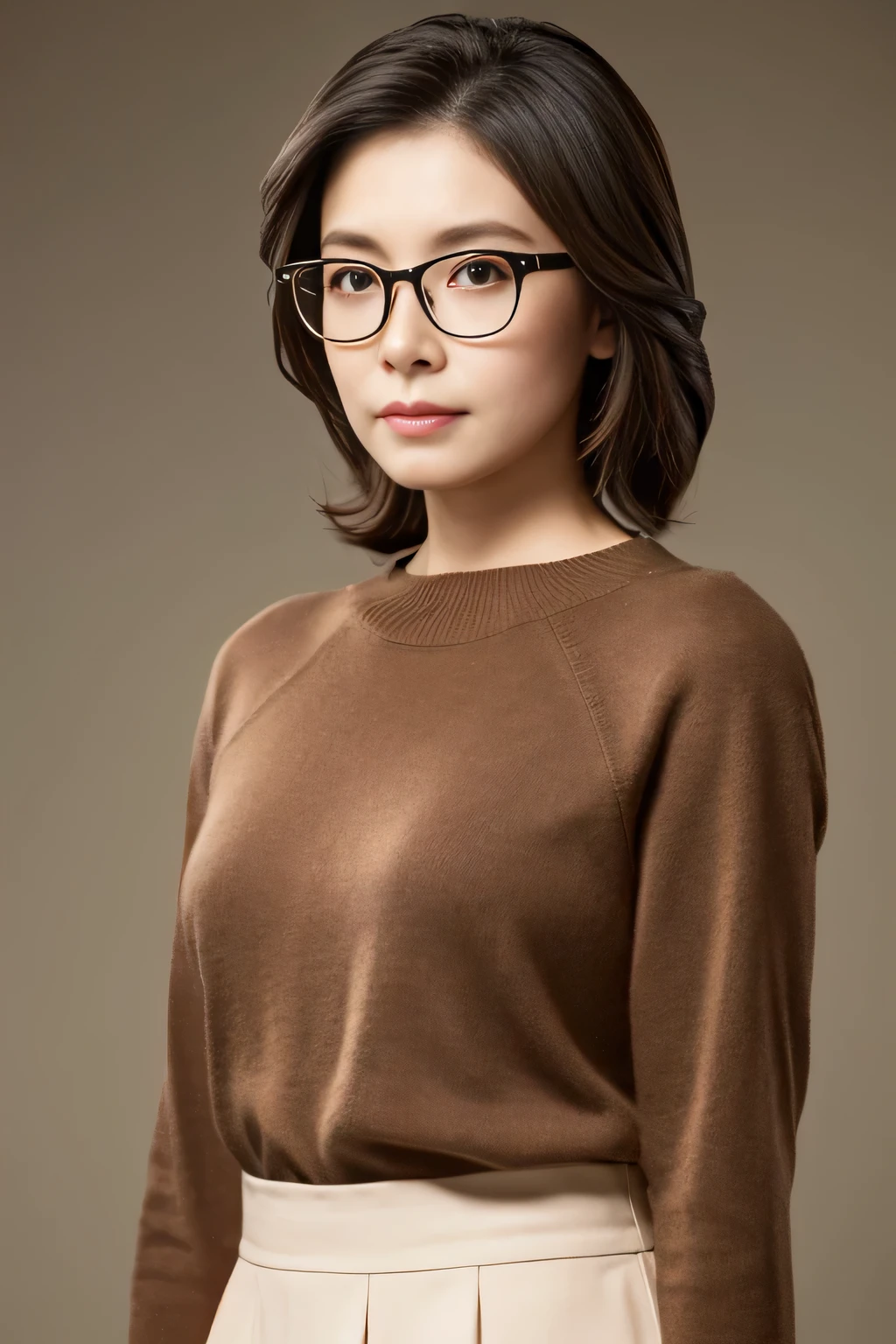 masuter piece, top-quality, masterpiece, hight resolution, Photorealsitic, Raw photography, 8k wallpaper, flawless, profetional lighting, ighly detailed, depth of fields,Pale solid color background, ((One beautiful woman)), ((20yr old)), Female sexy, Detailed face, beautidful eyes, bangss, small breasts of good shape, Light Brown Straight Hair, Faint lips, metal frame glasses, ((standing at front、Staring at the viewer, serious face eyes)), Sweaters, skirt by the, cowboy shot