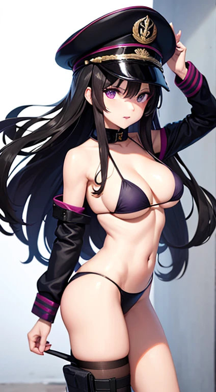 bikini, breast, purple eyes, military cap, long black hair