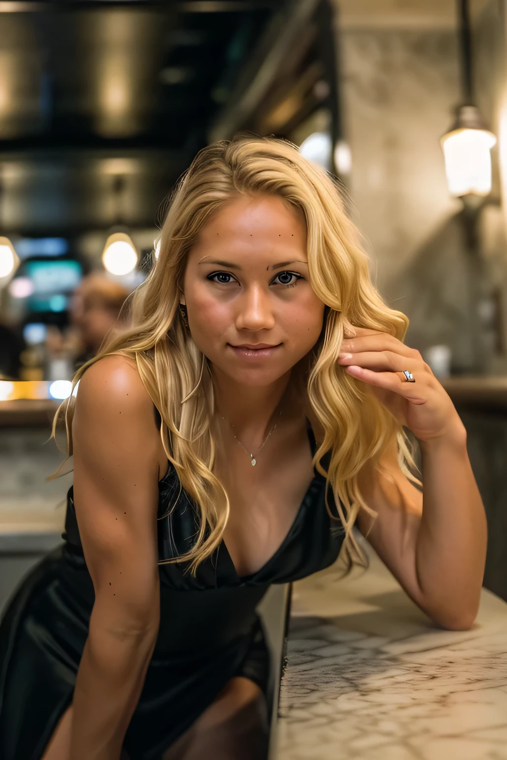 RAW photo of a blonde girl, in einem kurzen schwarzen Kleid in einer Bar tanzen, best quality, Hot Dress, closeup portrait, Blond, (Hochdetailliertes Fell:1.2), 8K UHD, DSLR, Sanftes Licht, High quality, Filmkorn, Fujifilm XT3,