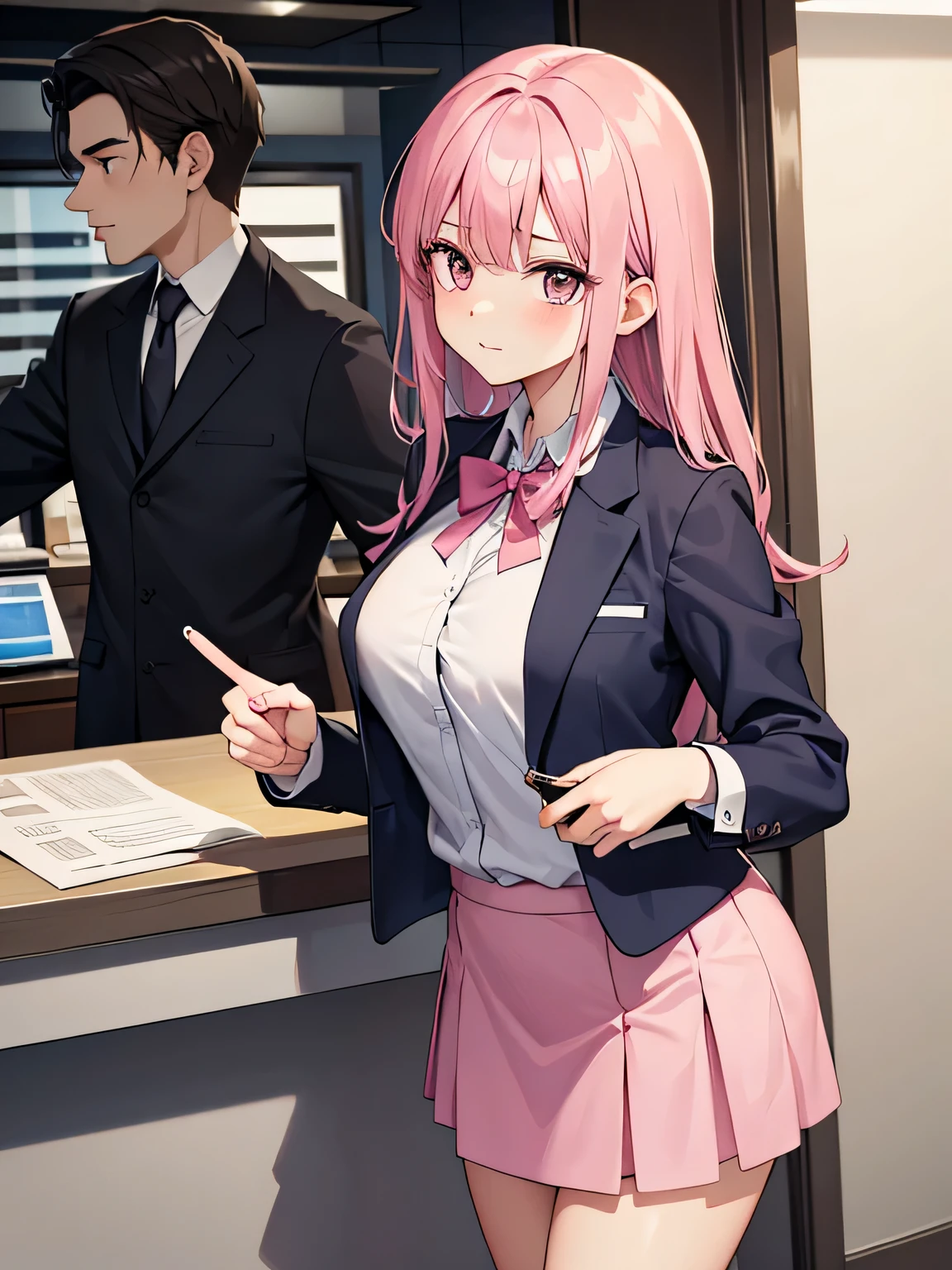 1,There&#39;s a woman behind the counter、There&#39;s a man in front of me.
2,the woman is the receptionist, She is wearing a pink blazer and a pink skirt., An unfriendly person who hates men.
3,The man is an employee of this company、I&#39;m asking the receptionist to come with me.。.
4,The location is the company&#39;s large reception counter., The company logo is written in large letters on the back wall..