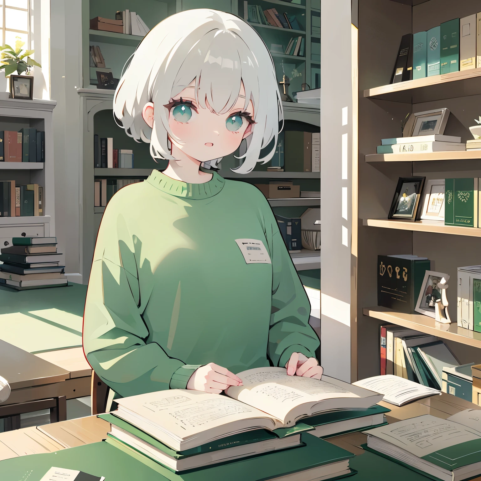 gray hair, Green sweater, Library reference, Books, Bookcases, rays of sunshine.Upper torso, lolita