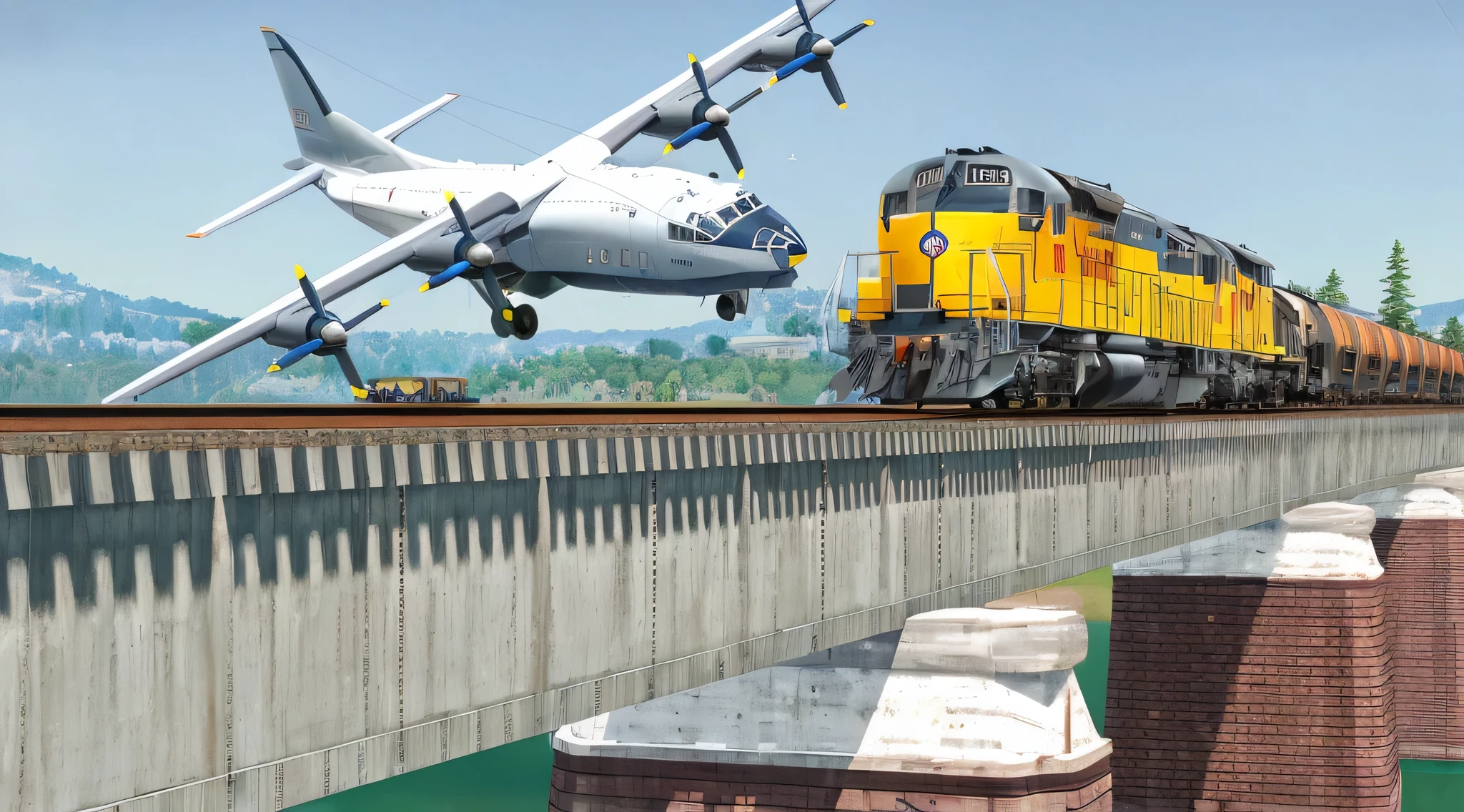 plane flying over a bridge with a train on it, cg art, by Wayne England, realistic aircrafts, a hyper realistic, photo render, super high resolution, full resolution, pc screenshot, realistic aircraft, daz, real aircrafts references, render, highly rendered!!, supersonic trains and passengers, detailed high resolution, by John Armleder