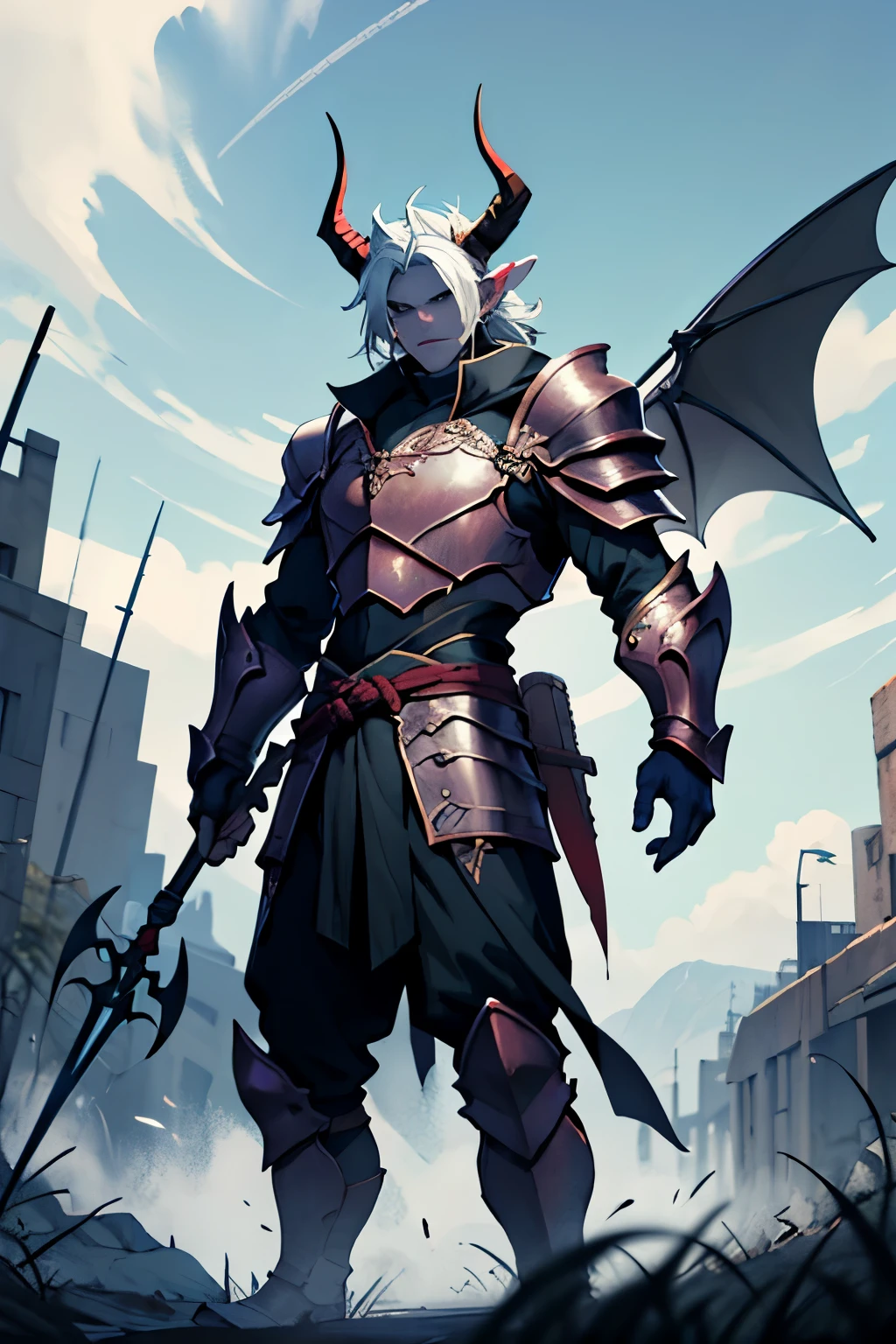 Demonic male with horns, trident, and armor Standing on battlefield