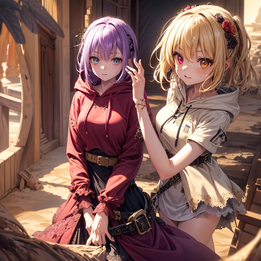 ((A desert, Sand, sand dunes, Refraction effect[ABCD, Sun)), (masutepiece, Best Quality), (1girl in), (Solo), ((Portrait)), Perfect face, ((Heterochromia, Blonde and purple hair, ((Red Long Hoodie)), Unwanted belts in the Gothic style everywhere, Mole under the eyes)), the background is a beautiful A desert with cactus, tumbleweeds, Cinematic Light, Sunny day, Dramatic Lighting, Ultra Detail, 8K, watercolor paiting, delicacy, Delicate (Gothic lace, Gothic rose, Goth aesthetics)