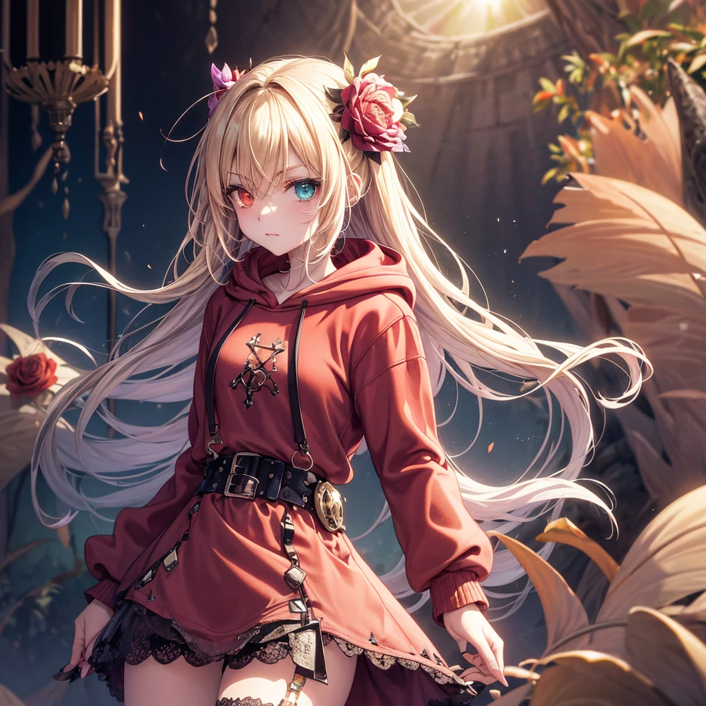 ((A desert, Sand, sand dunes, Refraction effect[ABCD, Sun)), (masutepiece, Best Quality), (1girl in), (Solo), ((Portrait)), Perfect face, ((Heterochromia, Blonde and purple hair, ((Red Long Hoodie)), Unwanted belts in the Gothic style everywhere, Mole under the eyes)), the background is a beautiful A desert with cactus, tumbleweeds, Cinematic Light, Sunny day, Dramatic Lighting, Ultra Detail, 8K, watercolor paiting, delicacy, Delicate (Gothic lace, Gothic rose, Goth aesthetics)