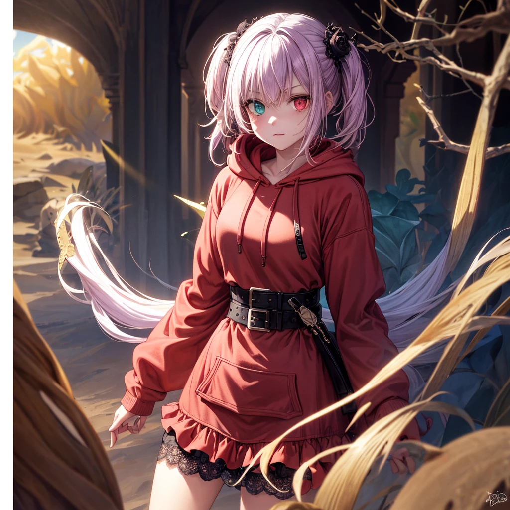 ((A desert, Sand, sand dunes, Refraction effect[ABCD, Sun)), (masutepiece, Best Quality), (1girl in), (Solo), ((Portrait)), Perfect face, ((Heterochromia, Blonde and purple hair, ((Red Long Hoodie)), Unwanted belts in the Gothic style everywhere, Mole under the eyes)), the background is a beautiful A desert with cactus, tumbleweeds, Cinematic Light, Sunny day, Dramatic Lighting, Ultra Detail, 8K, watercolor paiting, delicacy, Delicate (Gothic lace, Gothic rose, Goth aesthetics)