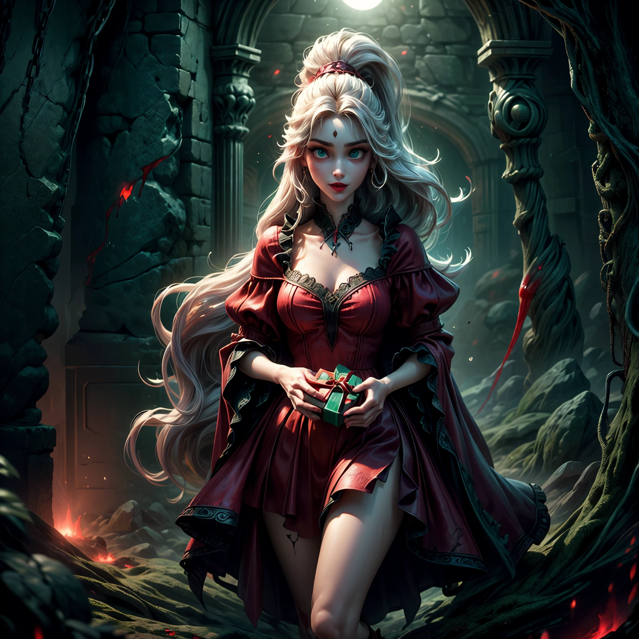 a picture of vampire standing in the front of her home holding a (blood: 1.3) dripping (gift box: 1.5), an exquisite beautiful female vampire in her front door of her home, full body (ultra detailed, Masterpiece, best quality), ultra detailed face (ultra detailed, Masterpiece, best quality), grey skin: 1.3 , blond hair, hair in a ponytail, long hair, blue eyes, cold eyes, glowing eyes, intense eyes, smile with [drops of blood on face] (ultra detailed, Masterpiece, best quality), dark red lips, [vampire fangs], wearing red dress (ultra detailed, Masterpiece, best quality), (green: 1.4) dark green cloak, (green: 1.3) green high heeled boots in front of her home, holding a (white: 1.4) gift box dripping red blood GlowingRunes_red (ultra detailed, Masterpiece, best quality, high details, best quality, 16k, [ultra detailed], masterpiece, best quality, (ultra detailed), full body, ultra wide shot, photorealism, luis royo style, dark fantasy art, moon light coming through the window, moon rays, gothic art, sense of dread, sense of seduction, bloodmagic,