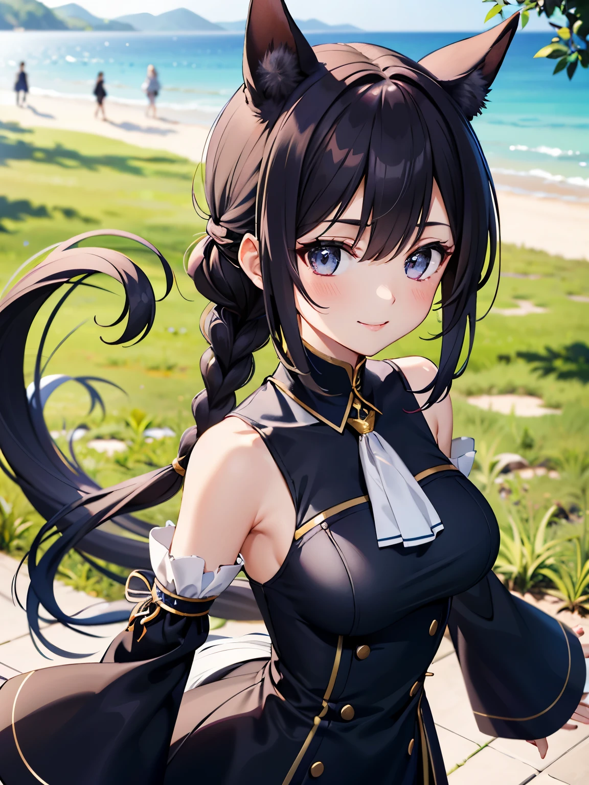 Outdoors, 1 girl, View from above, Upper body, Asato, Long hair, half updo, braid, hair between eye, Animal ears, ear ornament, Horse tail, breasts, frilld, Black Ascot, Green dress, (sleeves past wrists:1.2), black thighhighs, upward looking gaze, Smile