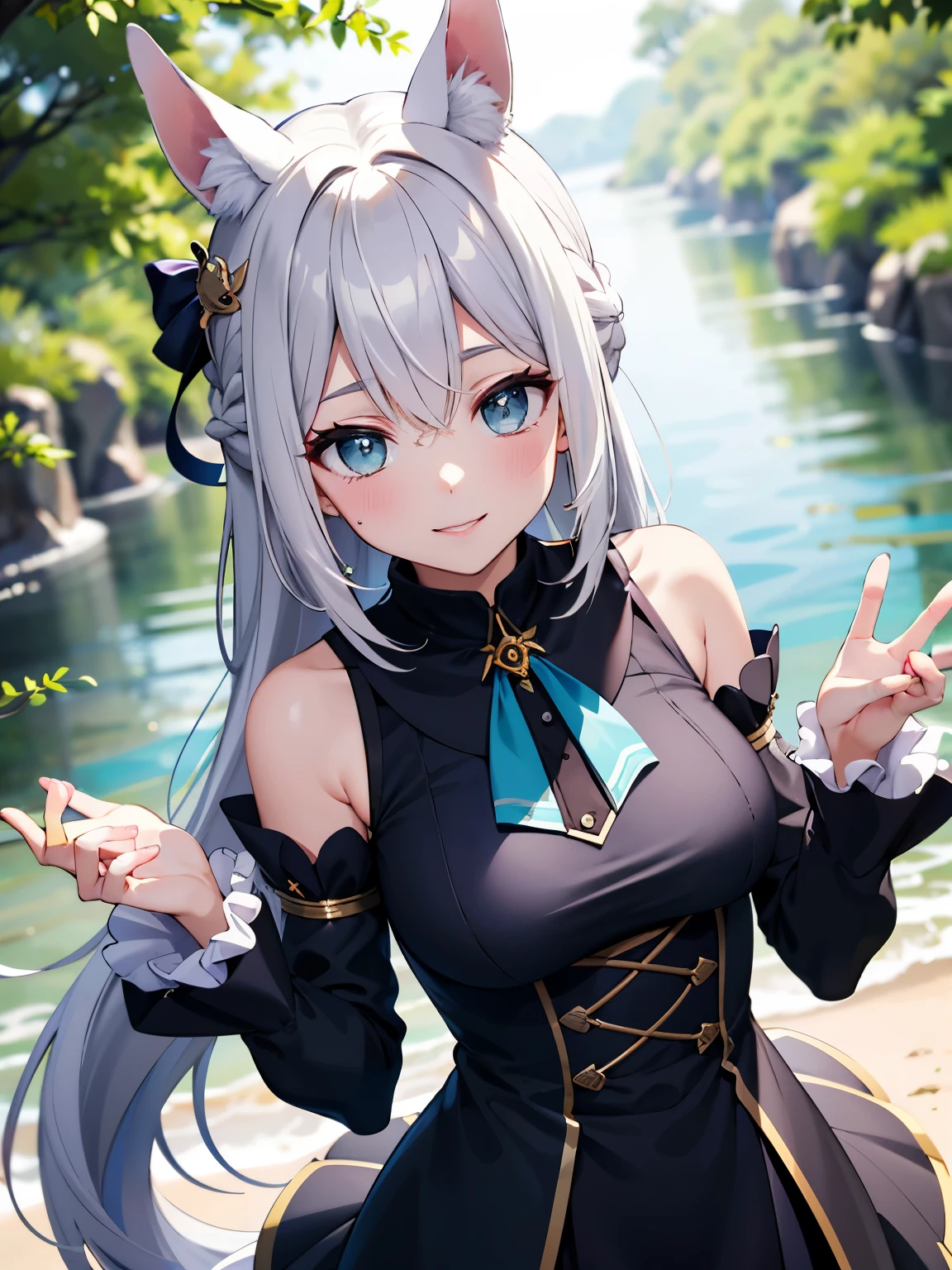 Outdoors, 1 girl, View from above, Upper body, Asato, Long hair, half updo, braid, hair between eye, Animal ears, ear ornament, Horse tail, breasts, frilld, Black Ascot, Green dress, (sleeves past wrists:1.2), black thighhighs, upward looking gaze, Smile